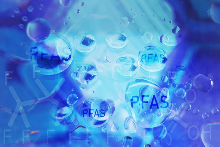 Water droplets with PFAS text -- Forever chemical water contamination concept