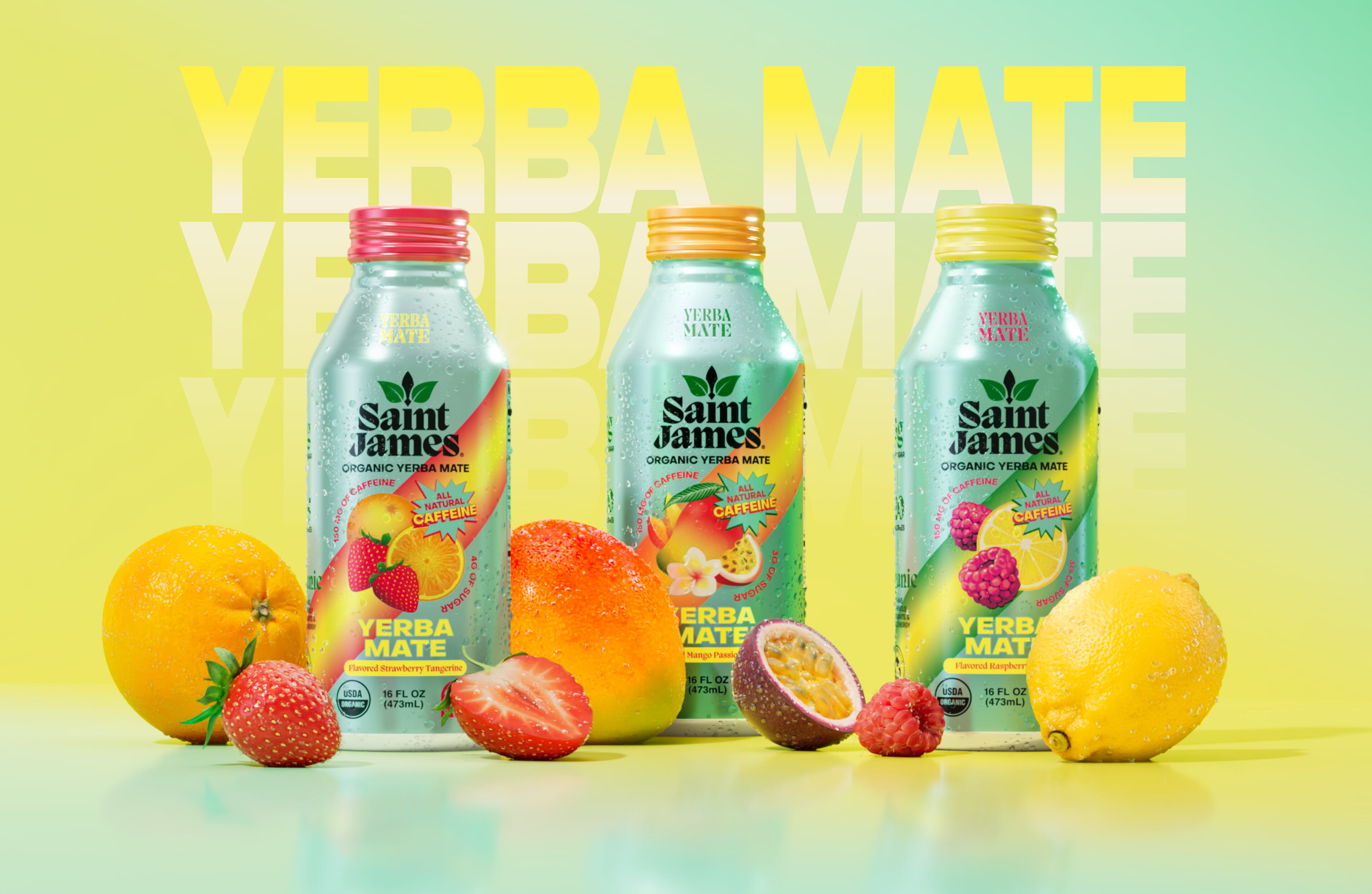 Saint James Yerba Mate ready-to-drink beverages in Mango Passionfruit, Raspberry Lemon and Strawberry Tangerine flavours.