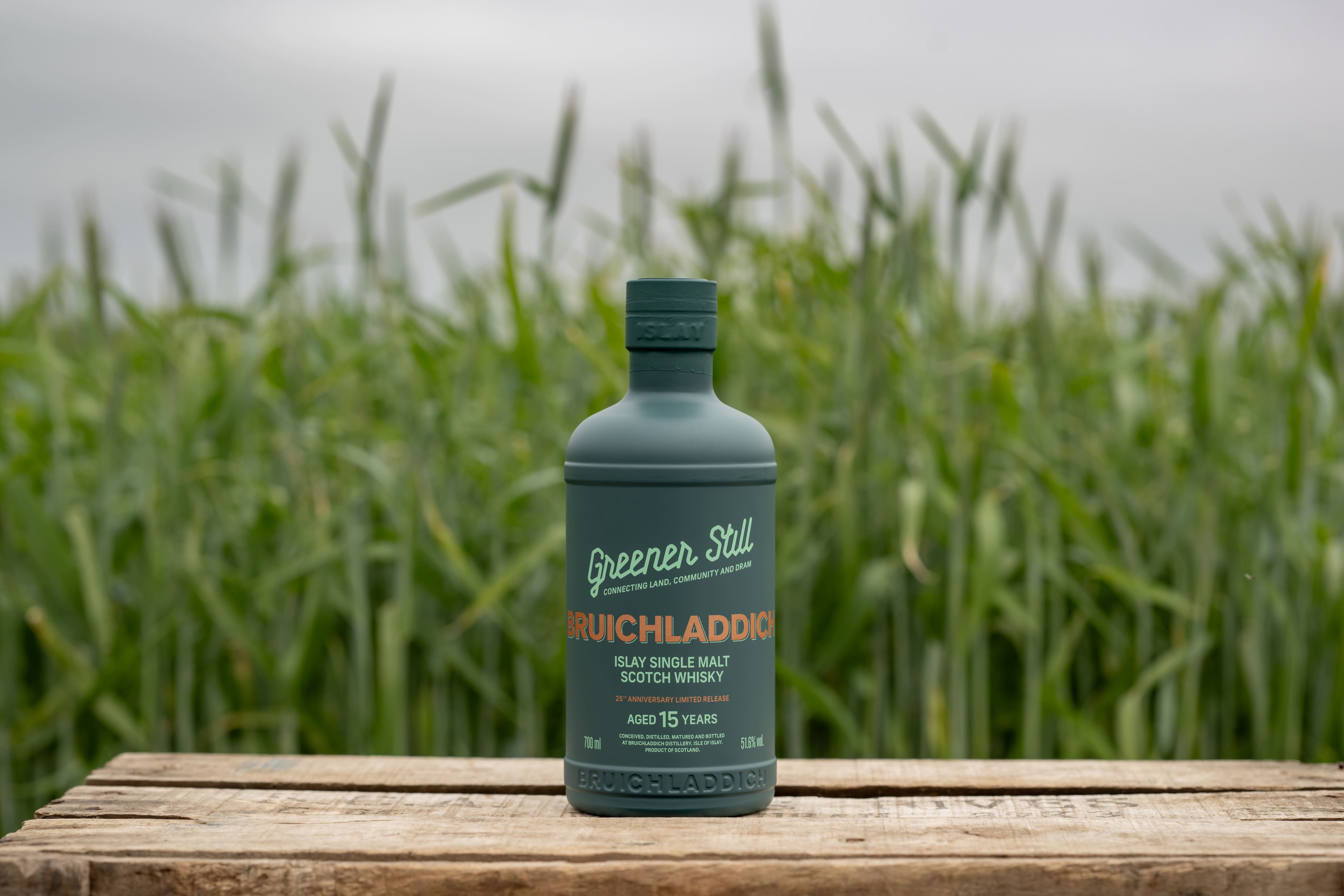 Bottle of Bruichladdich Greener Still single malt whisky.