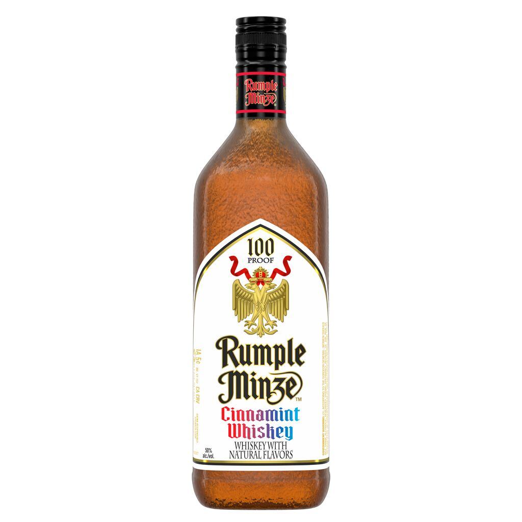 Bottle of Rumple Minze Cinnamint Whiskey with fire‑and‑ice themed visuals.
