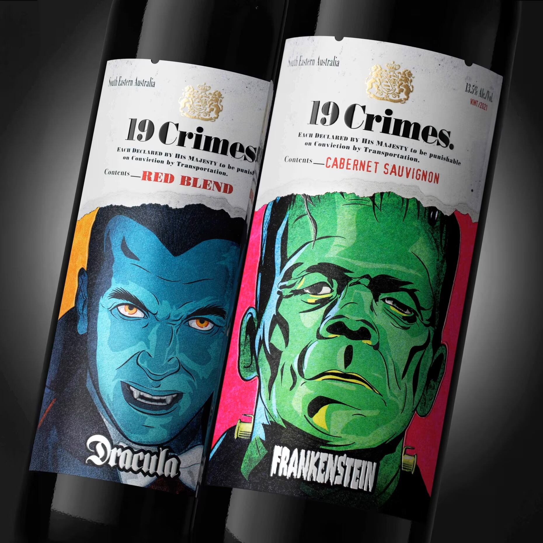 Two 19 Crimes wine bottles featuring Frankenstein and Dracula character designs on their labels.
