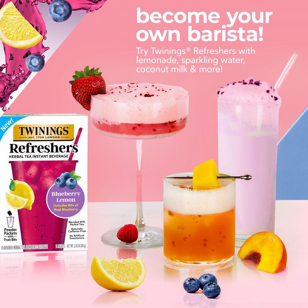 Twinings Refreshers Blueberry Lemon instant herbal tea drink packaging.