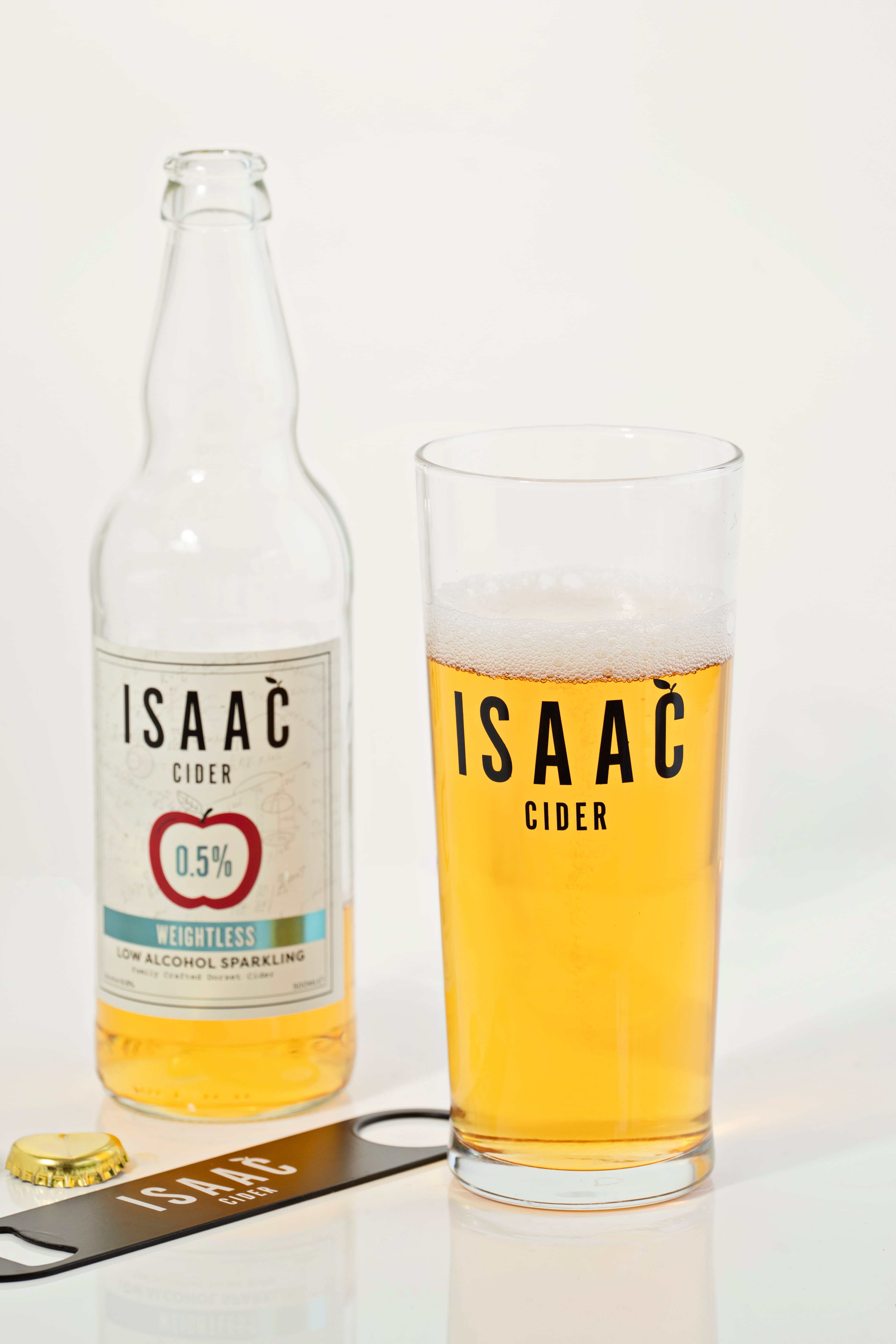 Isaac Cider Weightless low-alcohol sparkling cider bottles.
