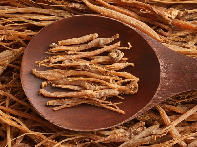 Top view of wooden spoon with dried ginseng root on it
