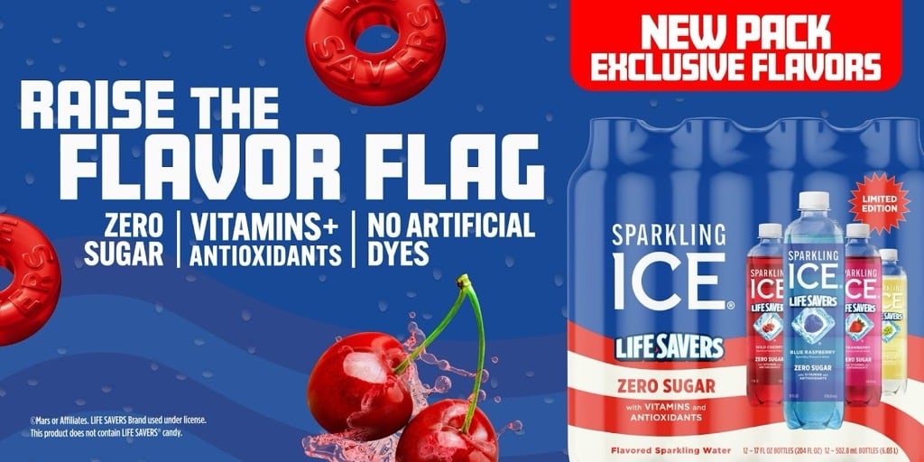 Sparkling Ice Life Savers Red White and Blue sparkling water bottles.