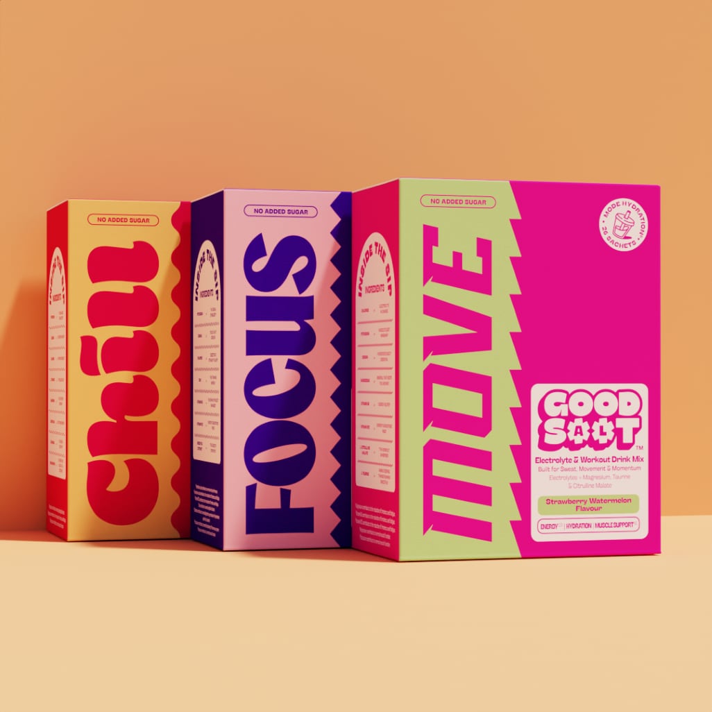 Boxes and sachets of Good Salt functional hydration products.