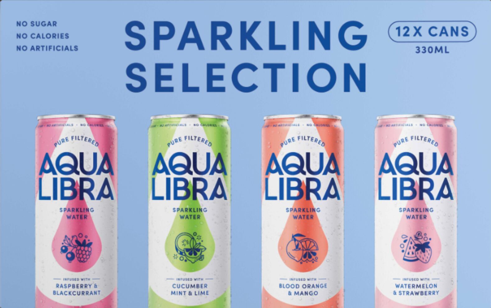 Aqua Libra variety pack showing four infused sparkling water flavours.