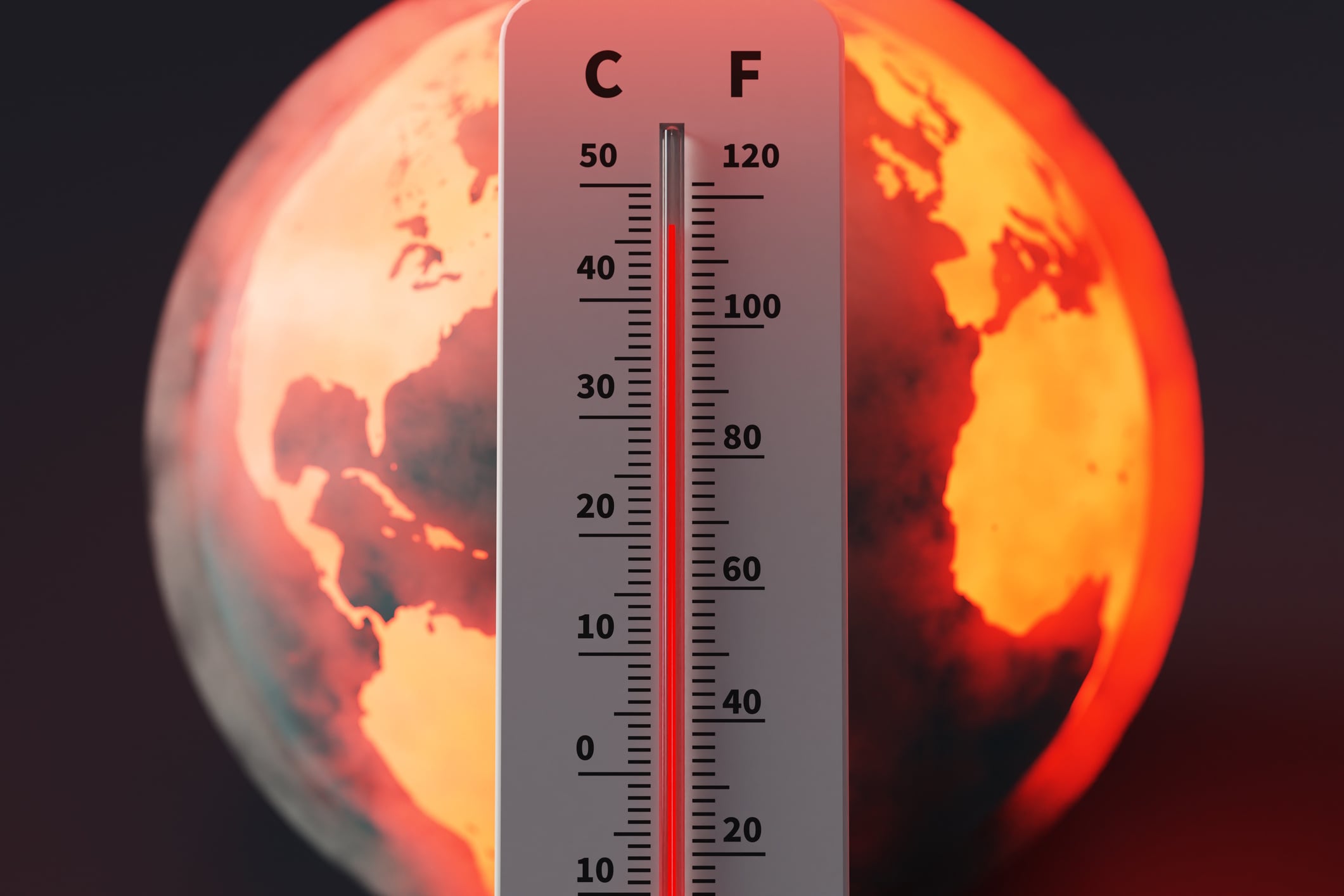 Earth experiencing extreme high temperatures and a thermometer showing high temperatures mesh cube GettyImages