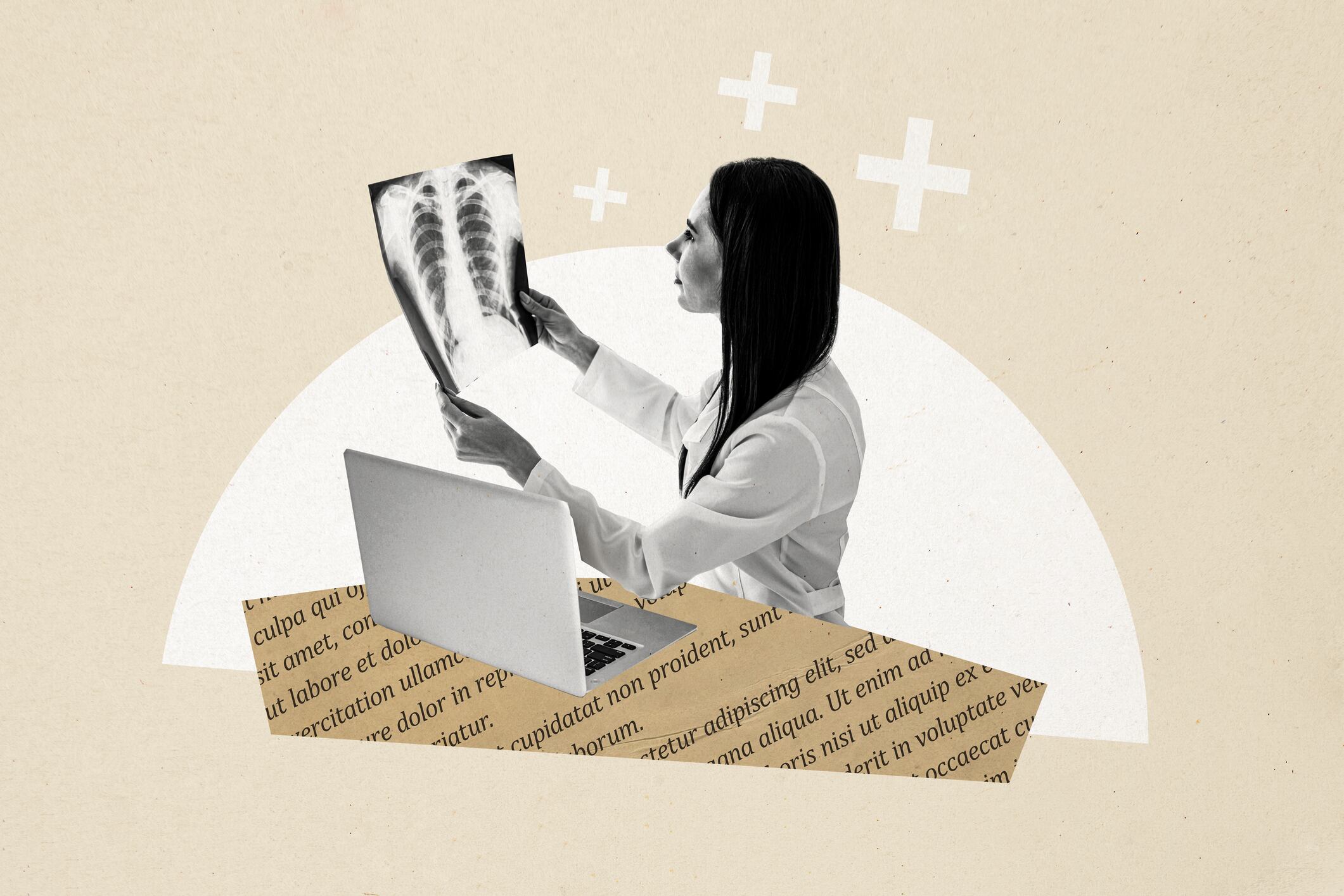 Composite photo collage of girl doc hold xray picture lung analysis pneumonia covid illness macbook device isolated on painted background.
