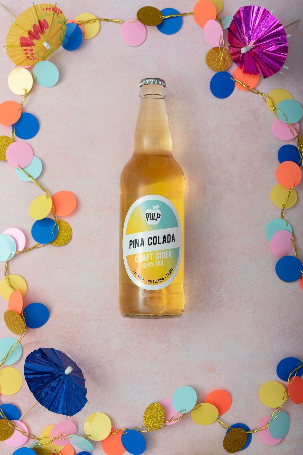 Pulp Piña Colada cider bottle featuring pineapple and coconut-inspired flavours.
