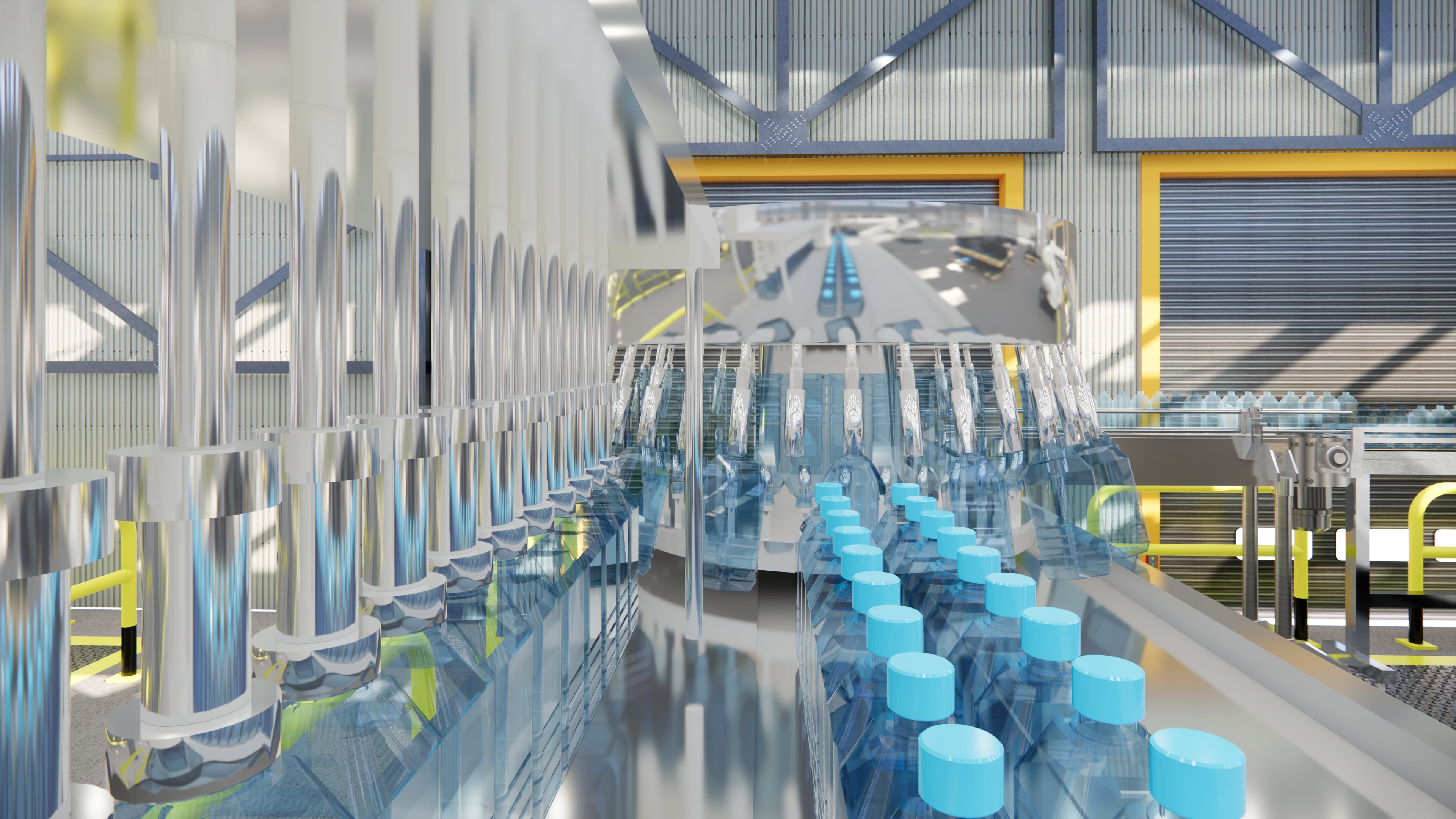 Plastic beverage bottles transported on an automated conveyor system production. Beverage manufacturing, packaging automation. Industrial robot moving up the production hall and sorting the products .3D rendering interior bottle factory.