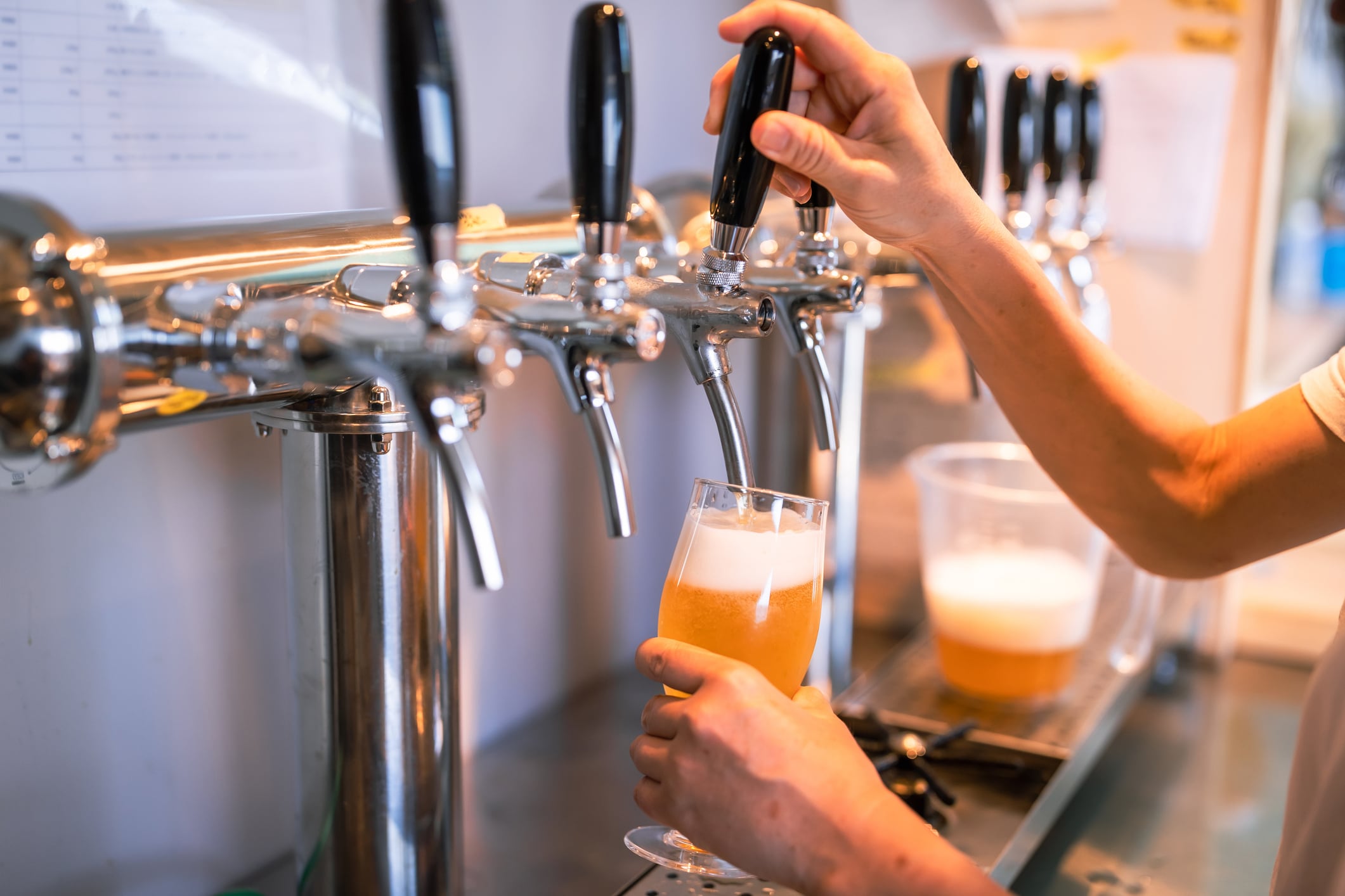 Female owner and young male brewer brewing beer in a microbrewery.