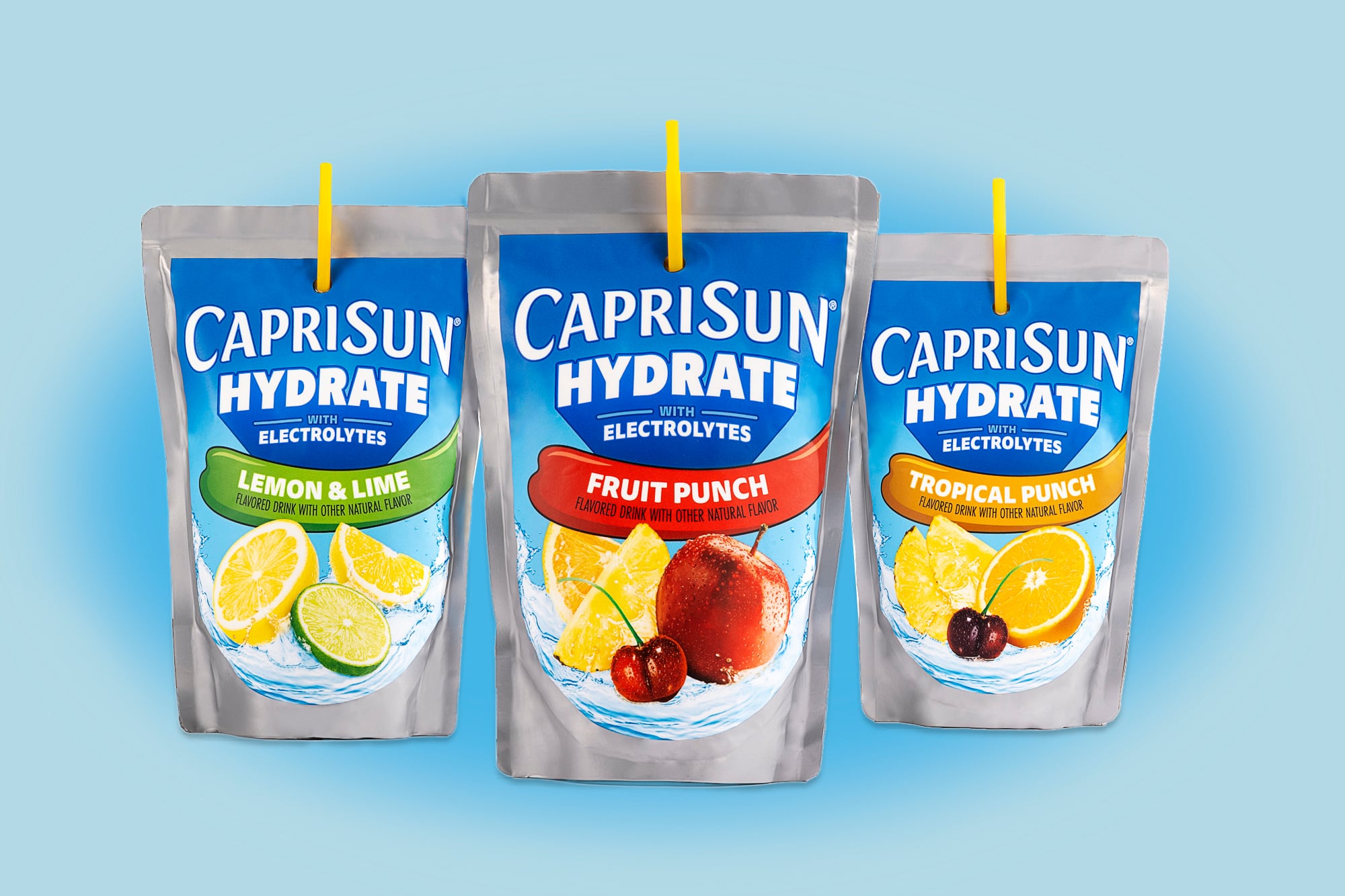 Capri Sun Hydrate pouches in Fruit Punch, Tropical Punch and Lemon Lime.