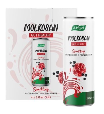 Four‑pack of A.Vogel Molkosan Sparkling cans featuring aronia and pomegranate.