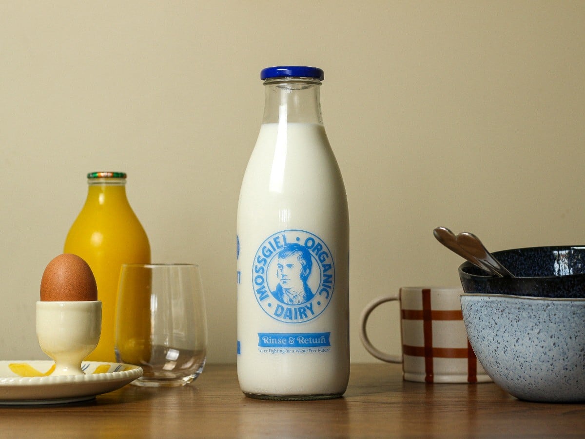 Mossgiel organic brewed milk in a glass bottle.