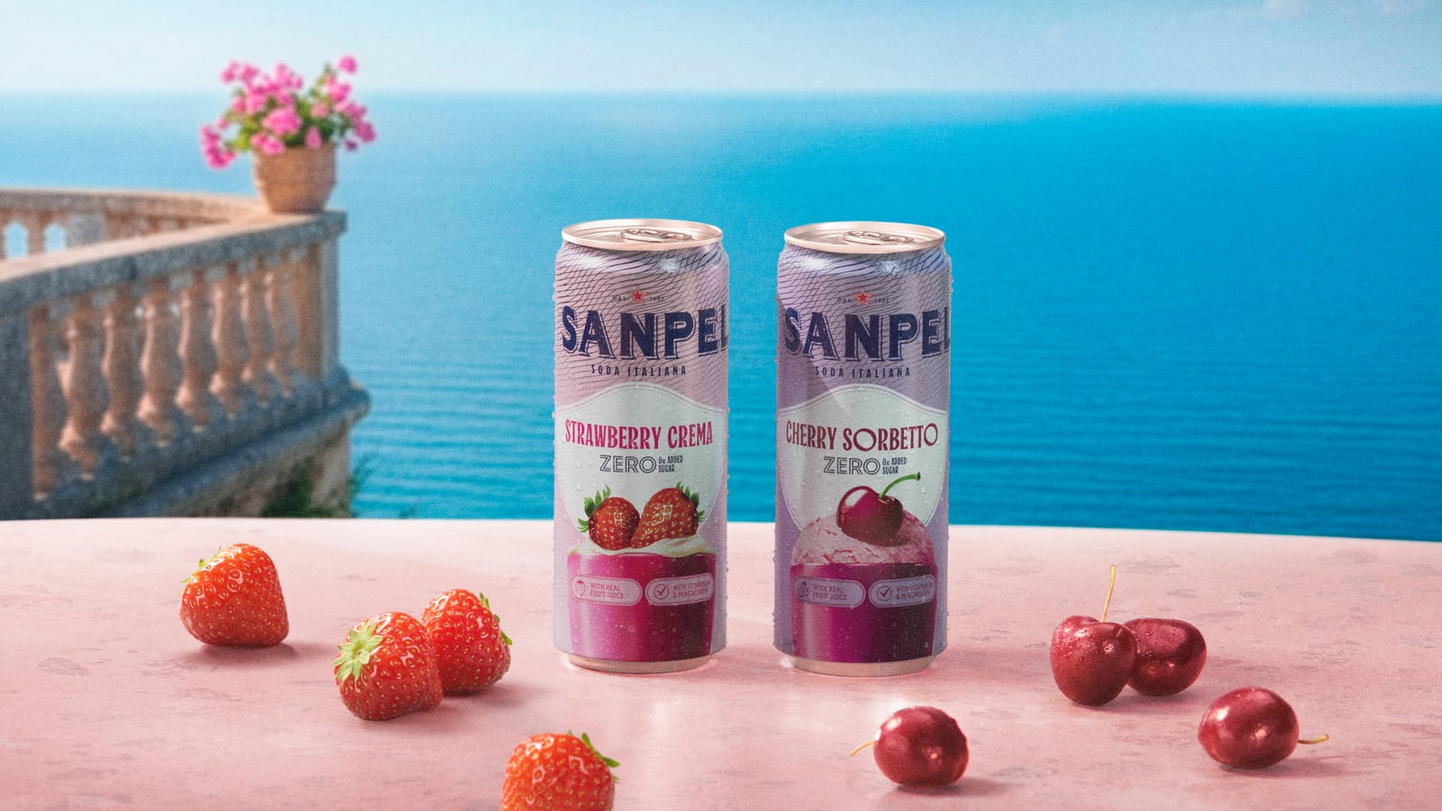 Cans of Sanpellegrino Crafted Soda Italiana Strawberry Crema and Cherry Sorbetto.