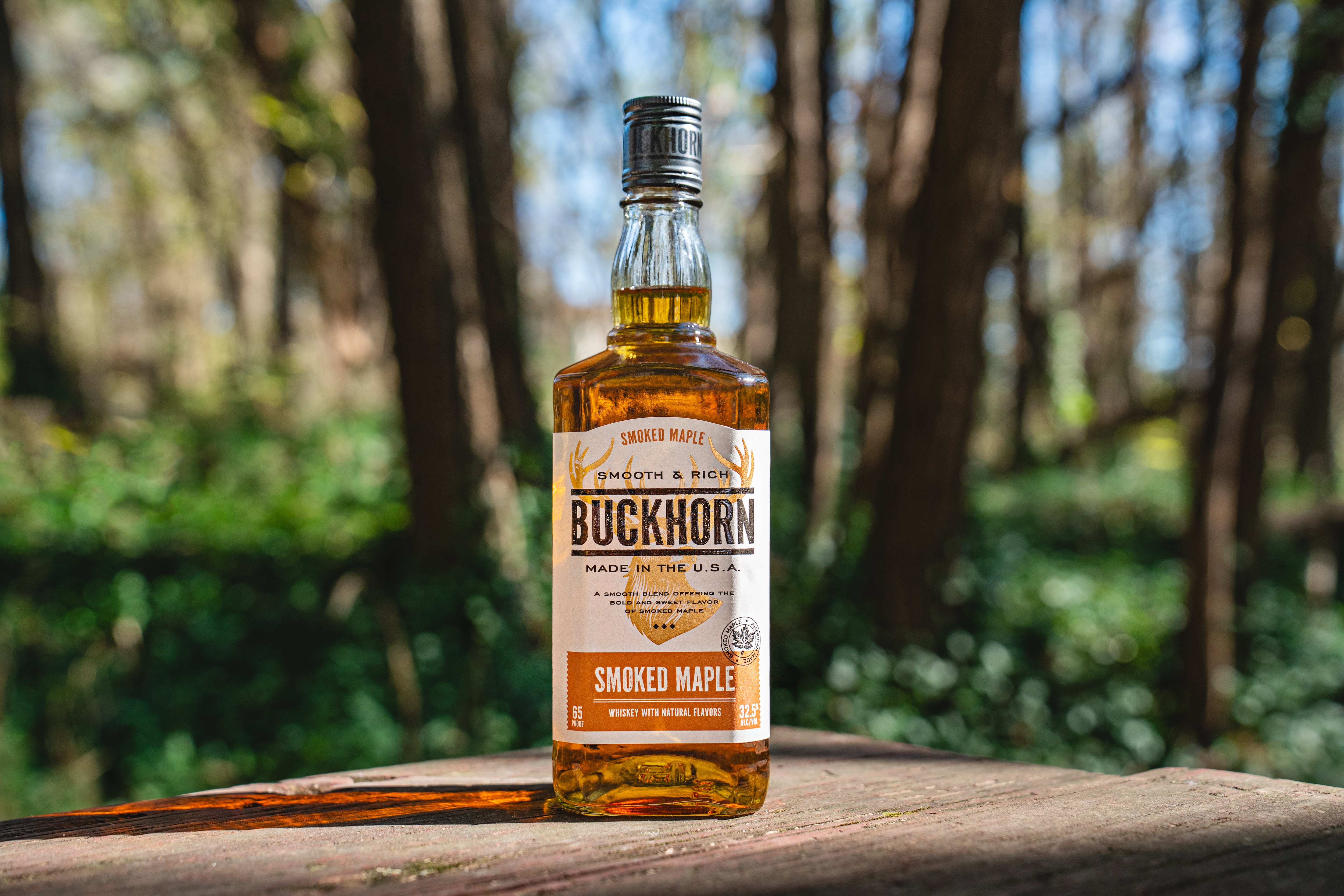 Bottle of Buckhorn Smoked Maple whiskey.