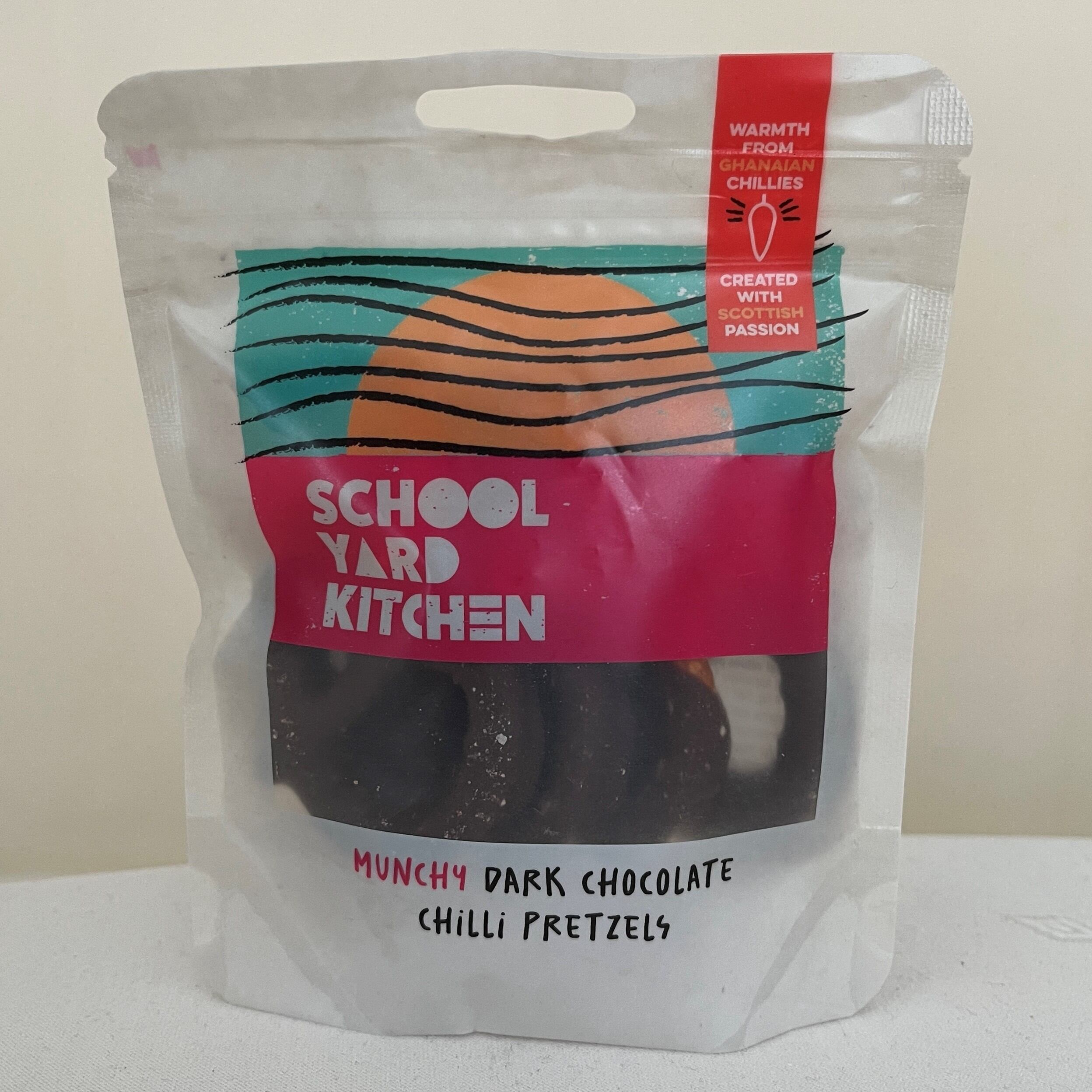 Pouch containing chocolate pretzels from School Yard Kitchen