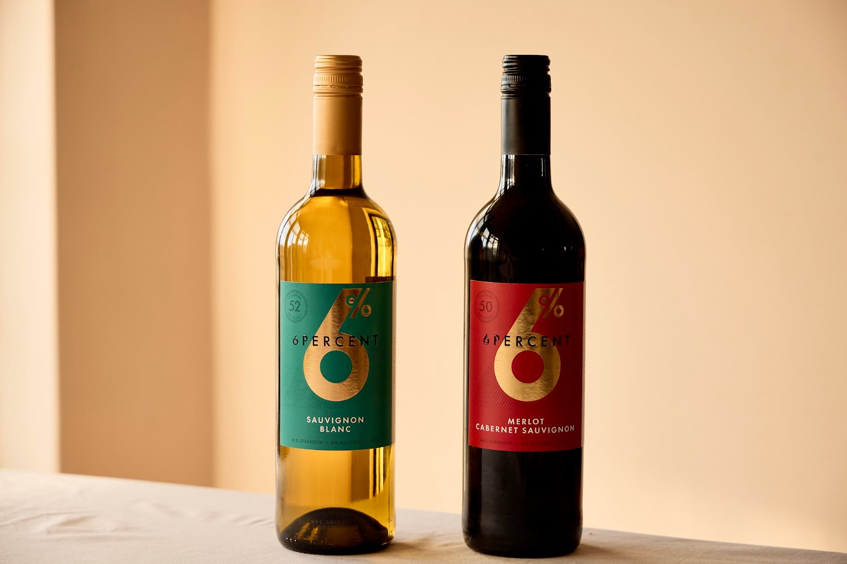 Bottles of 6Percent Red and White mid‑strength wines showing new vintage labels.