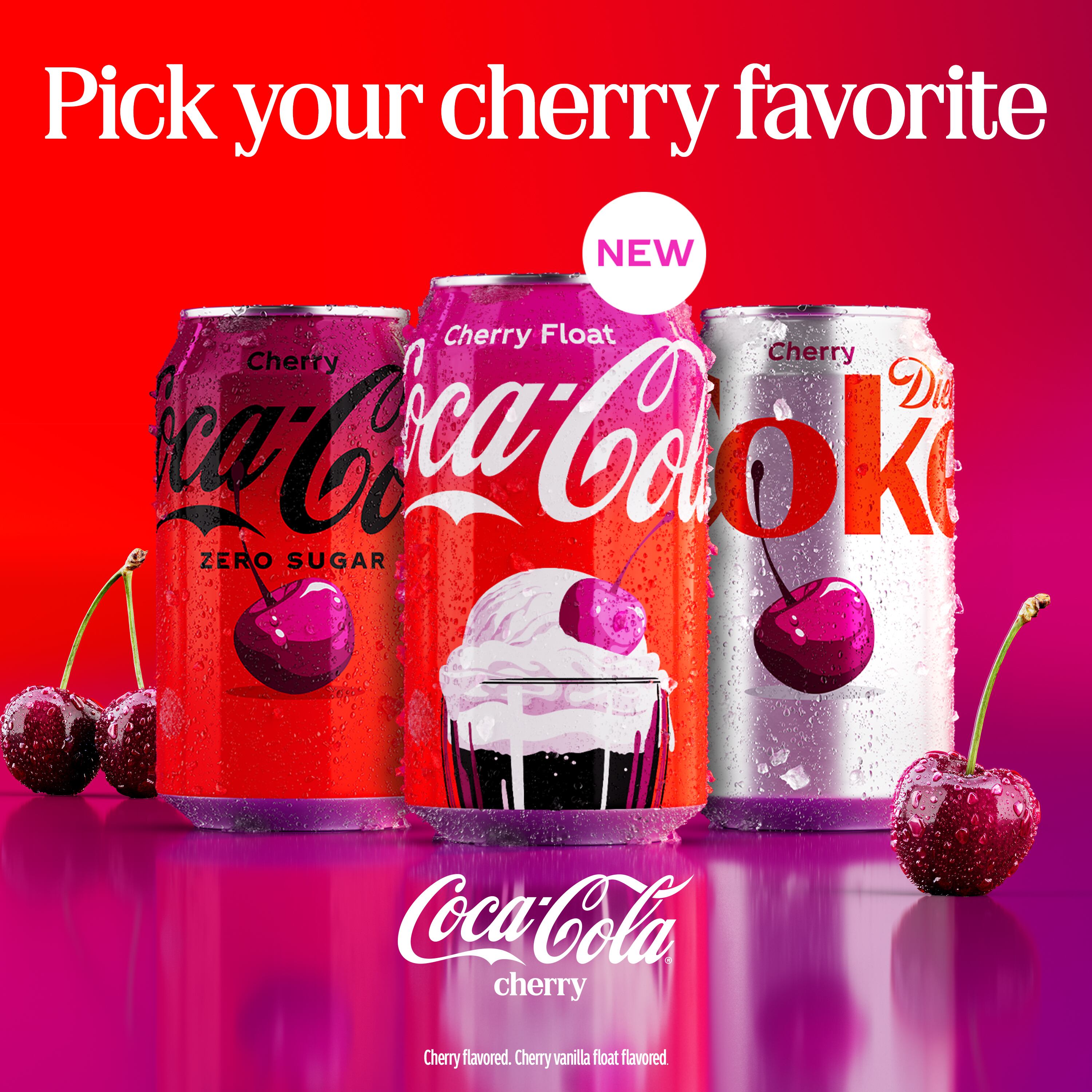 Coca‑Cola Cherry Float and Zero Sugar Cherry Float cans with refreshed design.