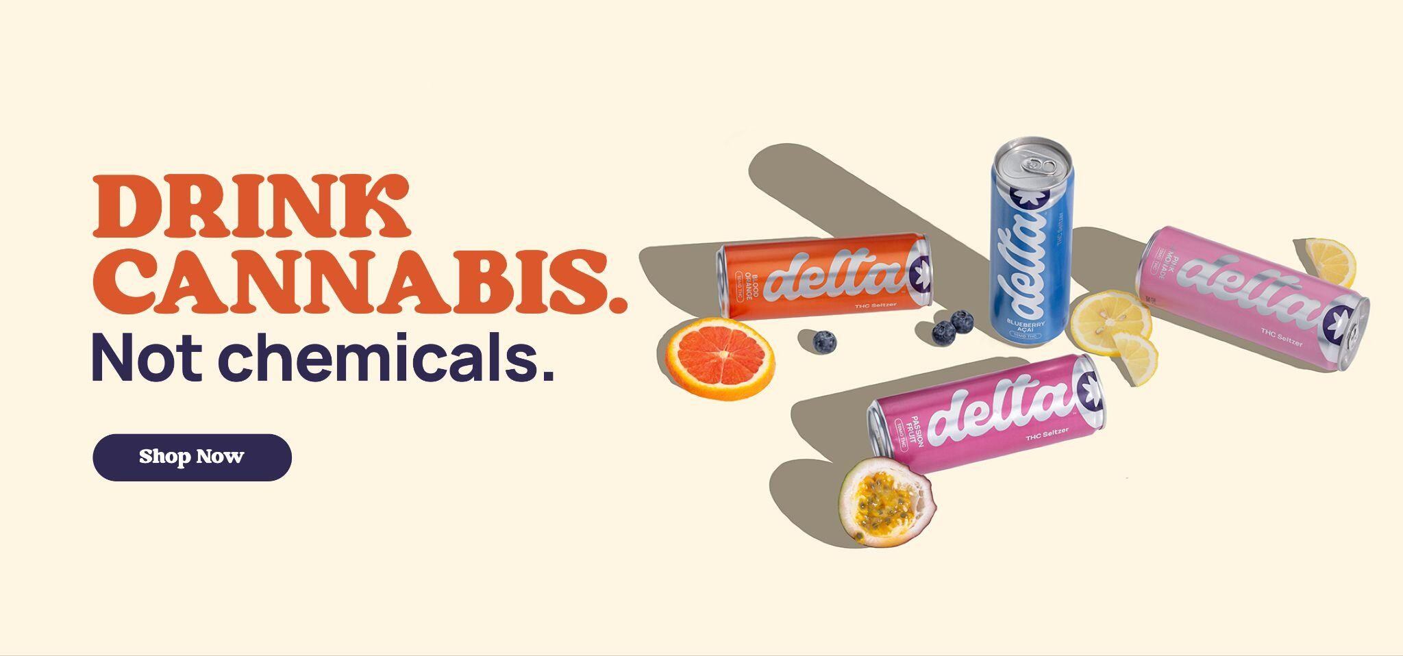 Delta THC seltzer cans highlighting natural ingredients and zero sugar.