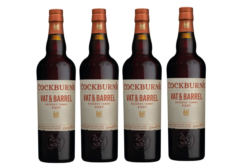 Glass and bottle of Cockburn’s Vat and Barrel Reserve Tawny Port served chilled