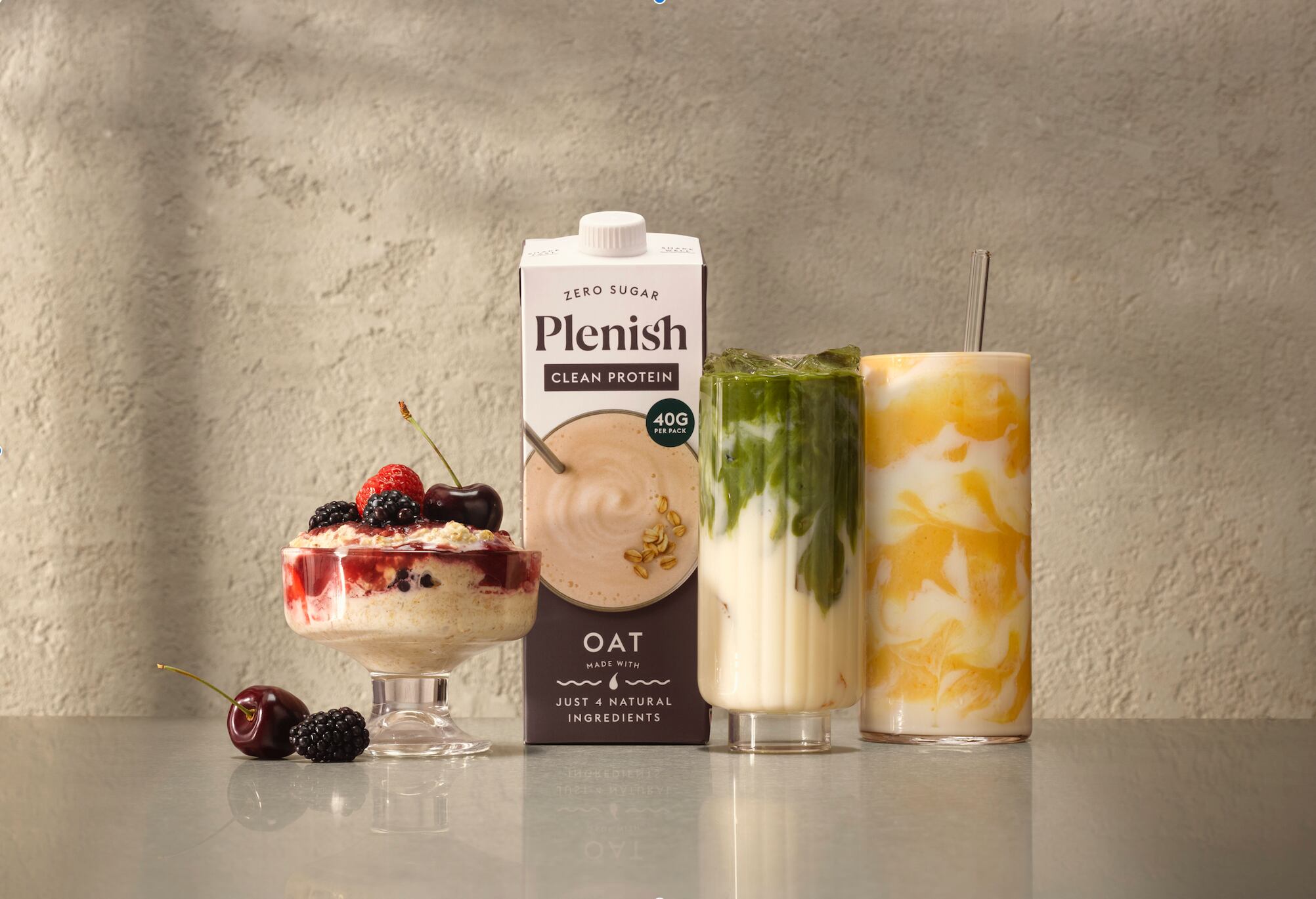 Pack of Plenish Clean Protein Oat Drink, a plant-based oat beverage containing 10g of protein per serving.