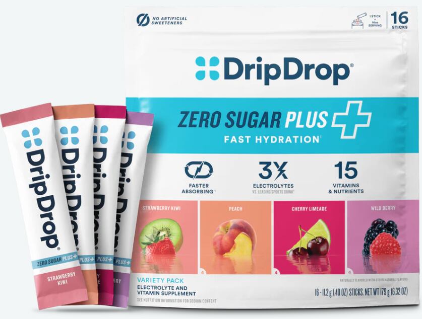 Variety pack of DripDrop Zero Sugar Plus sachets in assorted flavours.