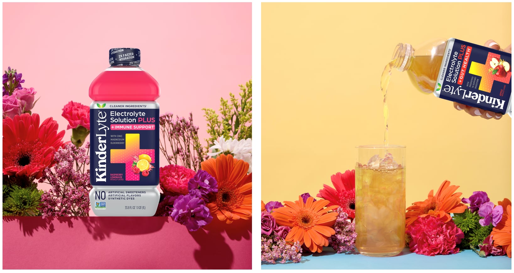 Kinderlyte Plus bottles in raspberry lemonade and apple flavours.