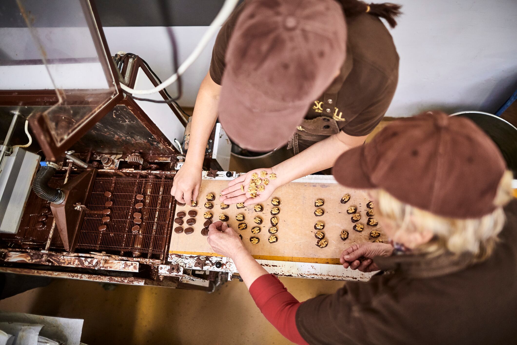 Two women in a chocolate manufacture placing walnuts on pralines