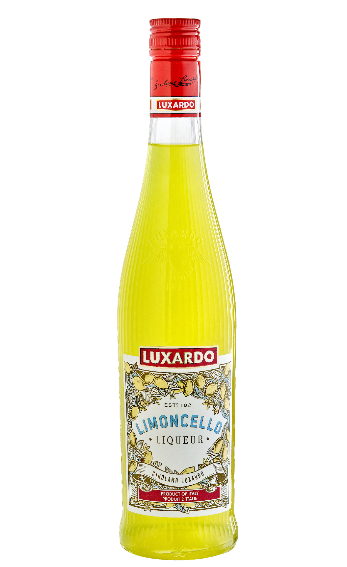 Redesigned Luxardo Limoncello bottle featuring clear fluted glass.