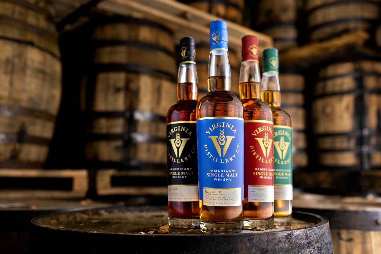 Bottles of Virginia Distillery Company’s VDC and Courage & Conviction American Single Malt whiskies.