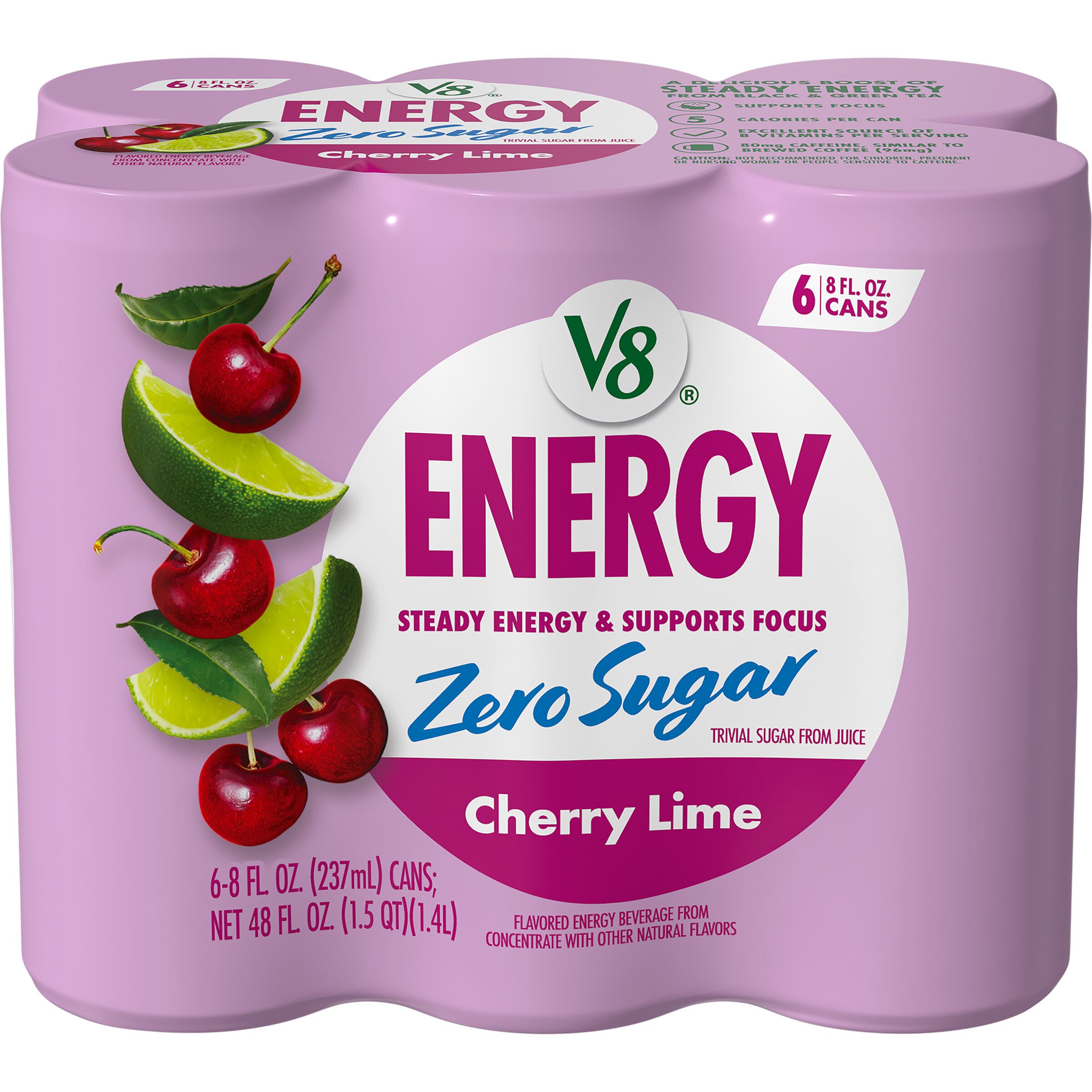 Cans of V8 Energy Zero Sugar in Blueberry Raspberry, Strawberry Lemonade and Cherry Lime.