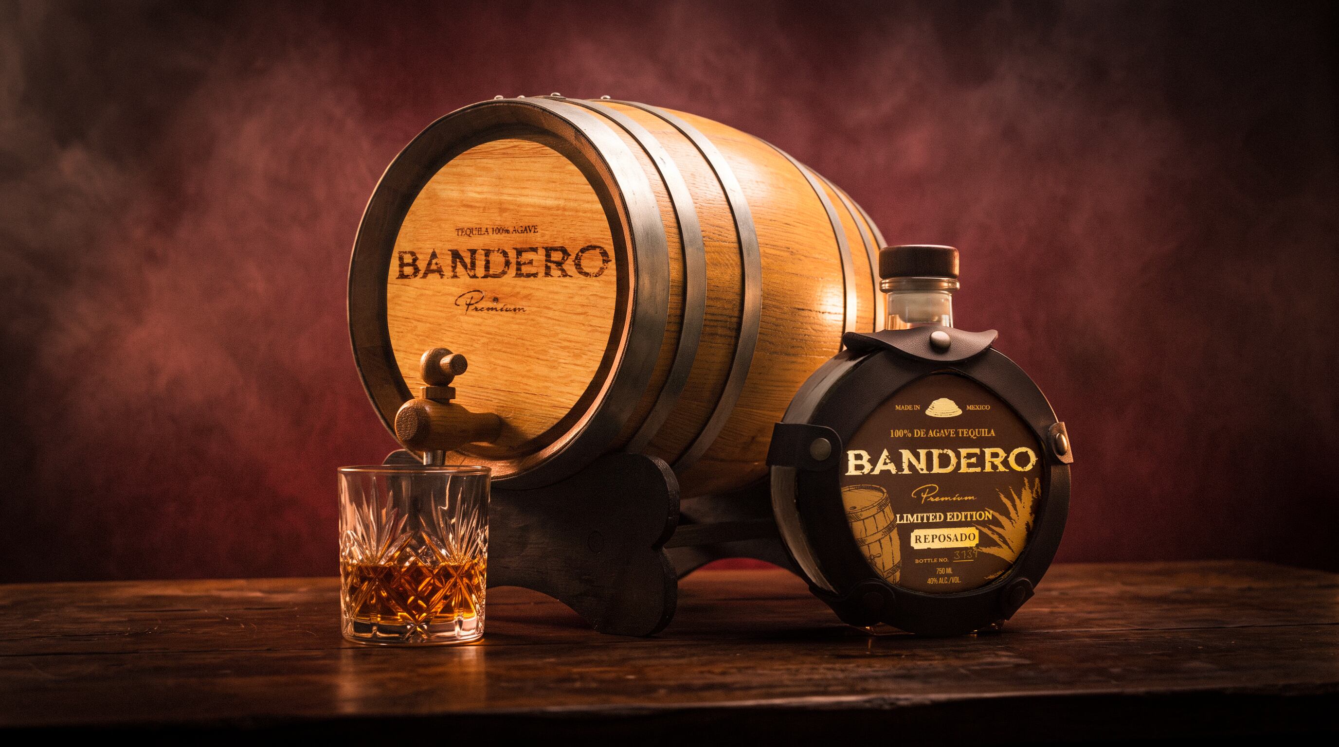 Bottle of Bandero Reposado tequila aged in three oak types.