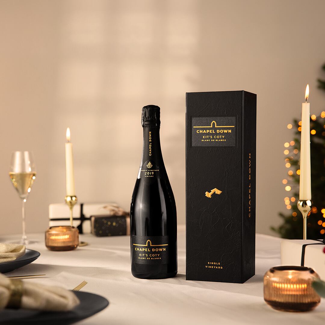 Bottle of Chapel Down Kit's Coty Blanc de Noirs 2021 sparkling wine.