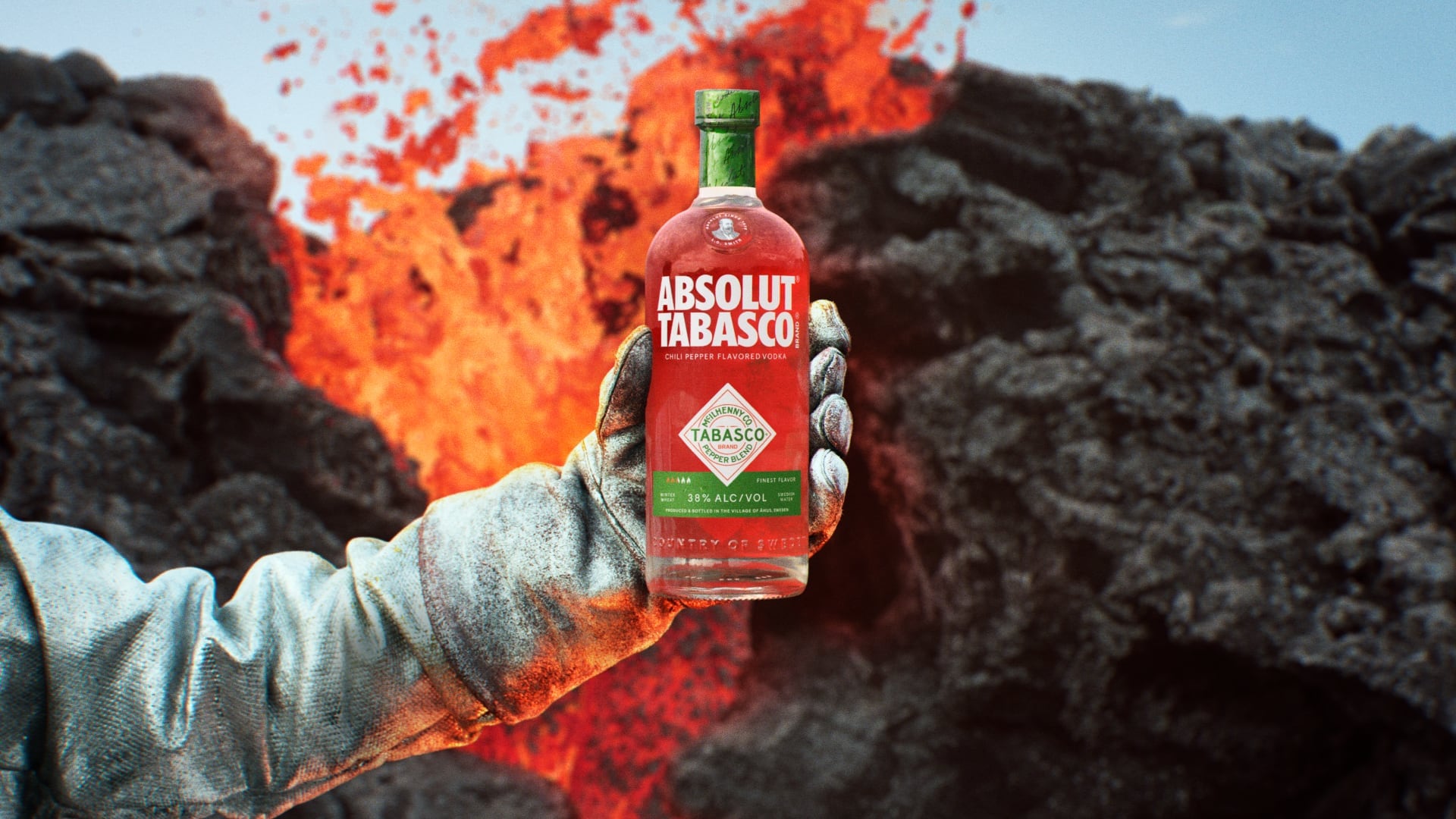 Bottle of Absolut Tabasco vodka created in collaboration with Tabasco.