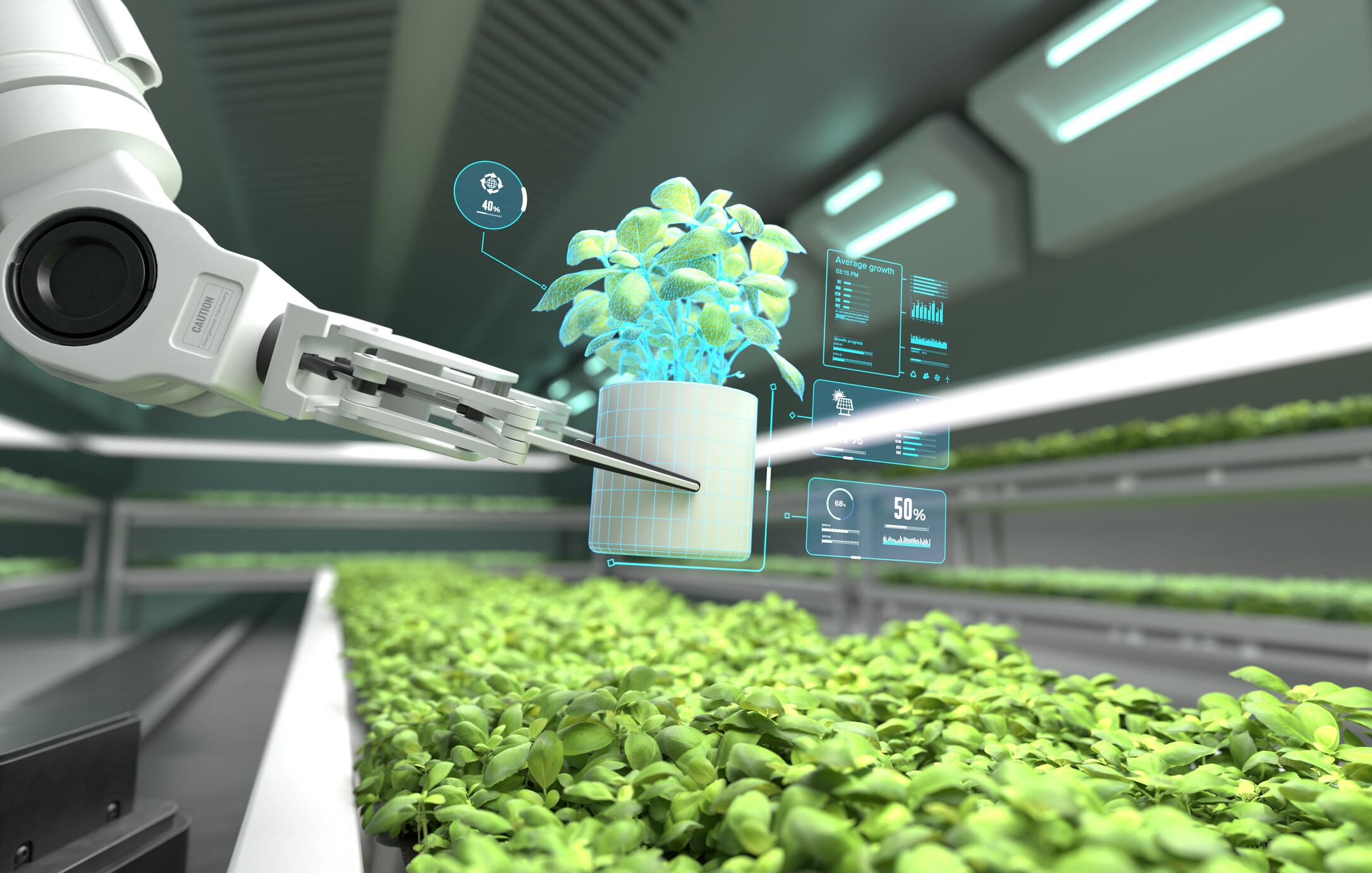 Robotic arm analyzing smart plant in a futuristic farm, Future agriculture innovation with AI and robotics. 3D illustration