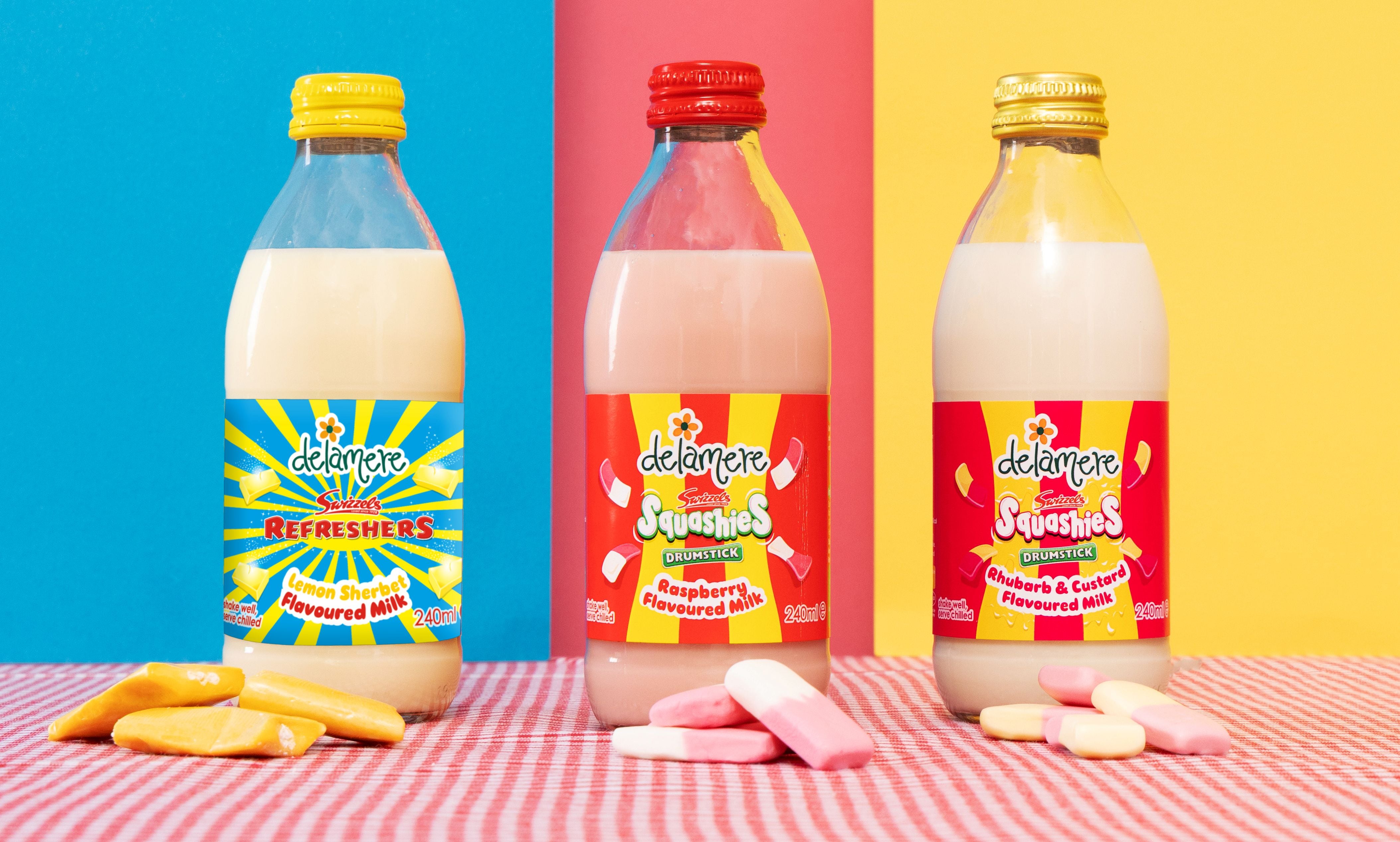 Bottles of Delamere and Swizzels flavoured milk