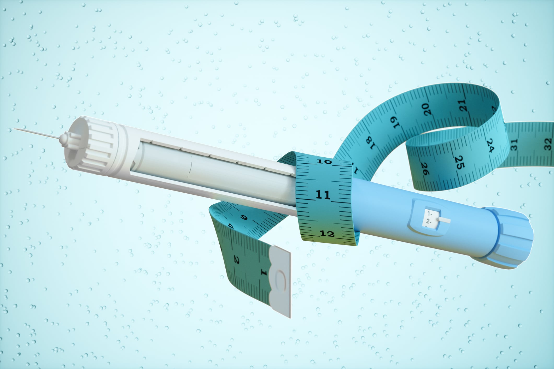 Insulin Injection Pen Wrapped with Measuring Tape Symbolizing Diabetes Management and Weight Control