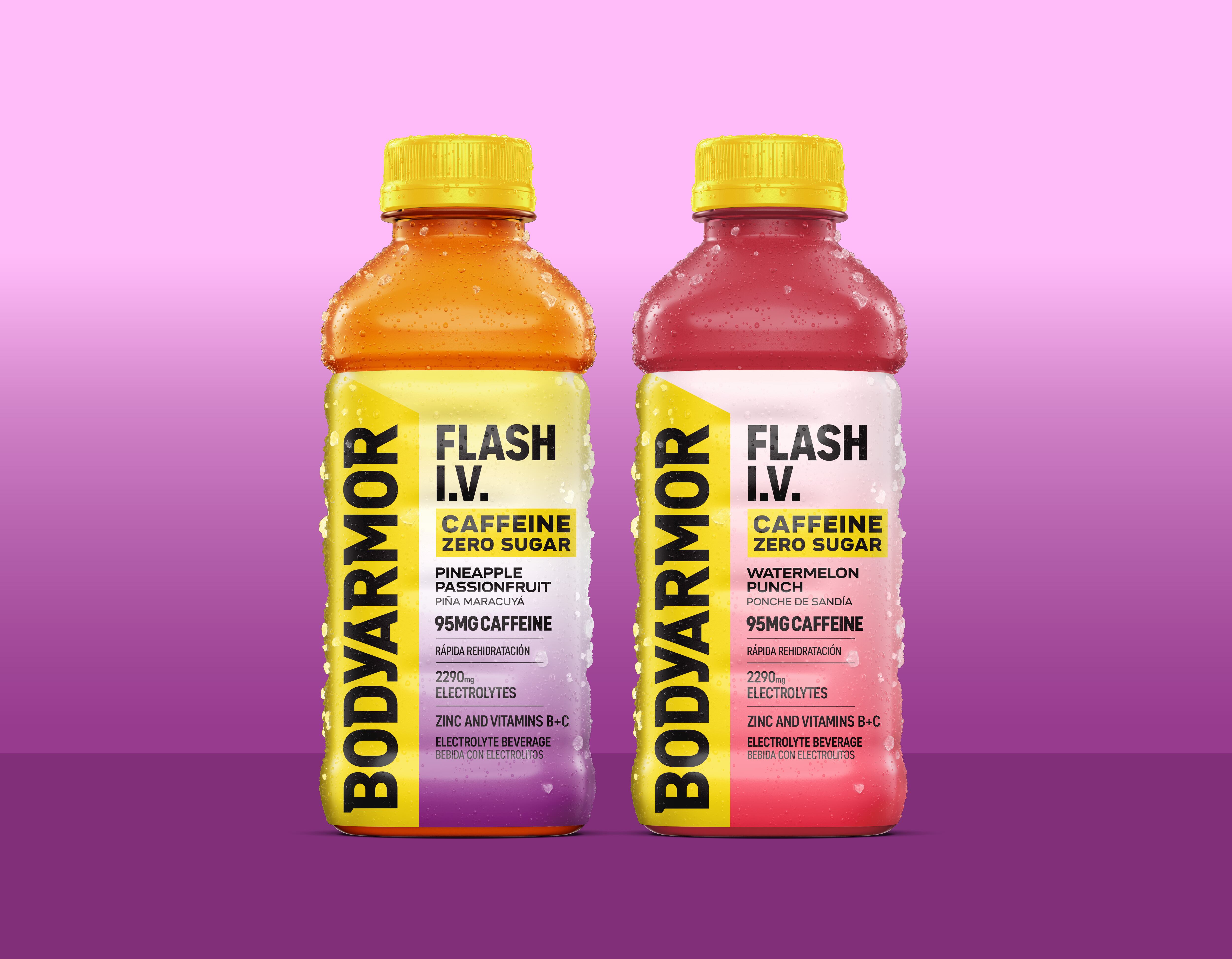 Two bottles of BODYARMOR FLASH I.V. in Pineapple Passionfruit and Watermelon Punch.