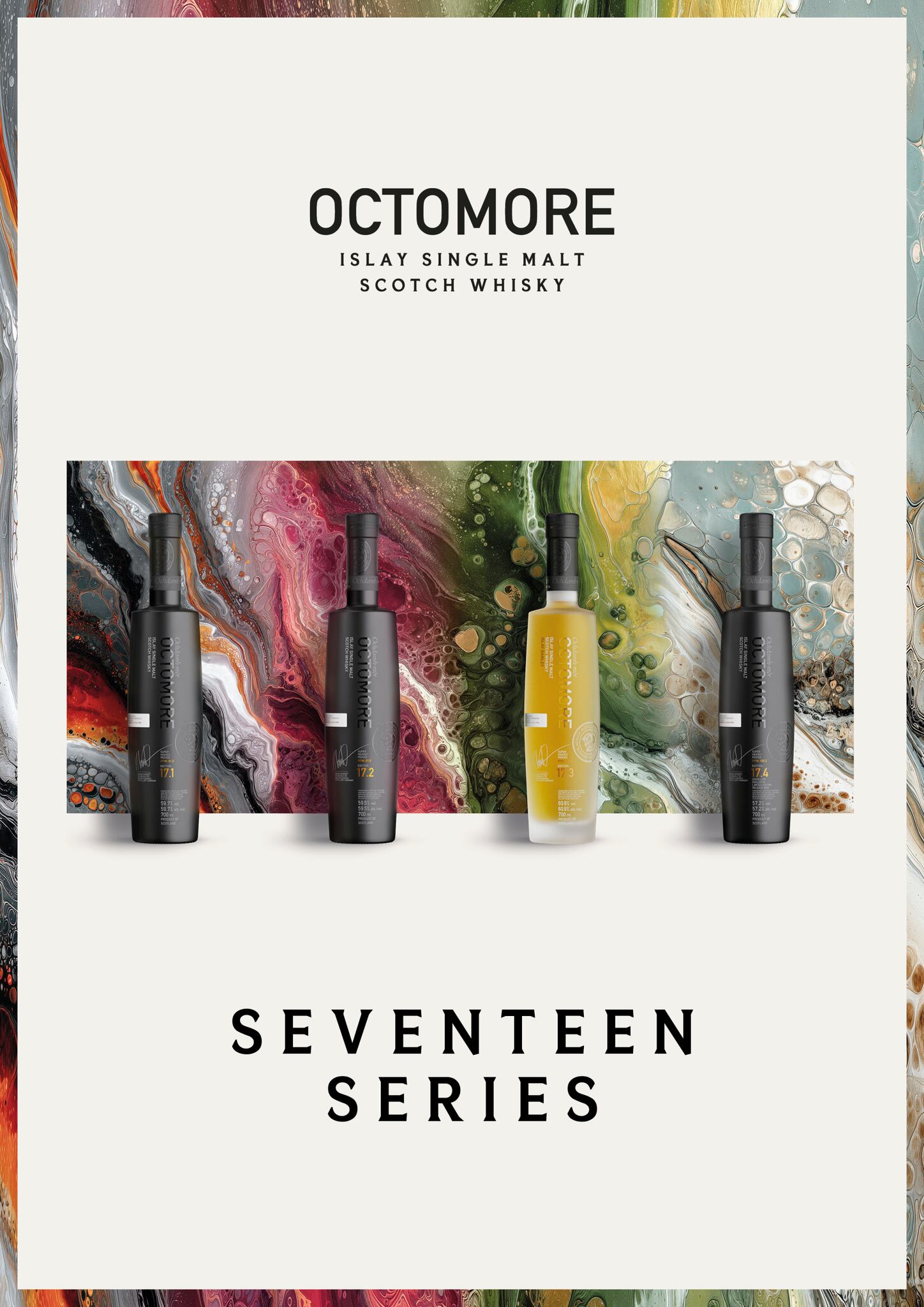 Bottles from the Octomore 17 Series, Bruichladdich's latest range of super-heavily peated single malt Scotch whiskies.