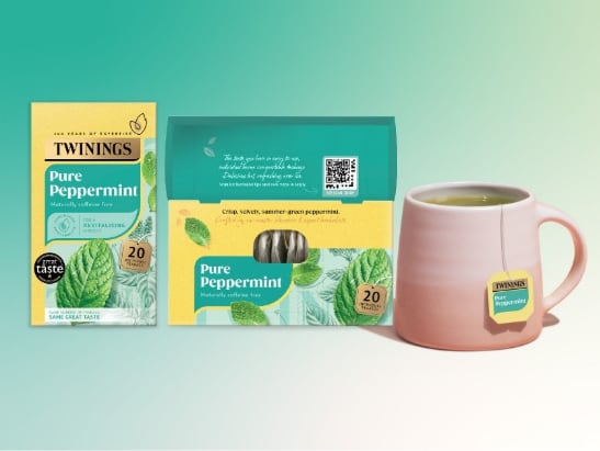 Twinings Green Tea and Infusions products featuring updated string and tag teabags and redesigned packaging.