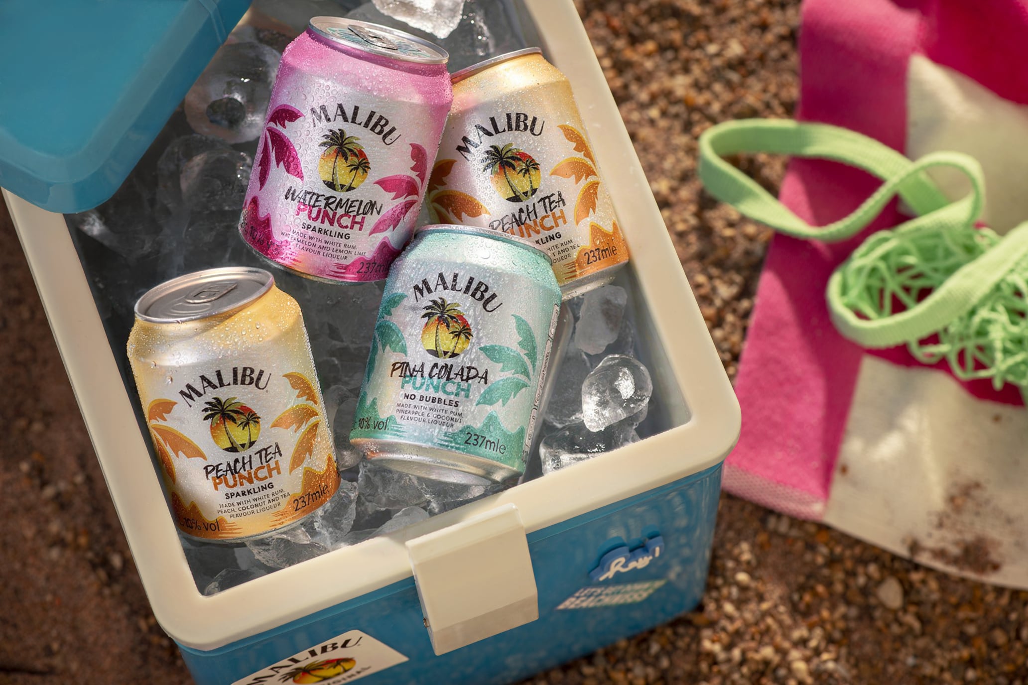 Malibu Punch canned cocktails in Watermelon, Peach Tea and Piña Colada flavours.