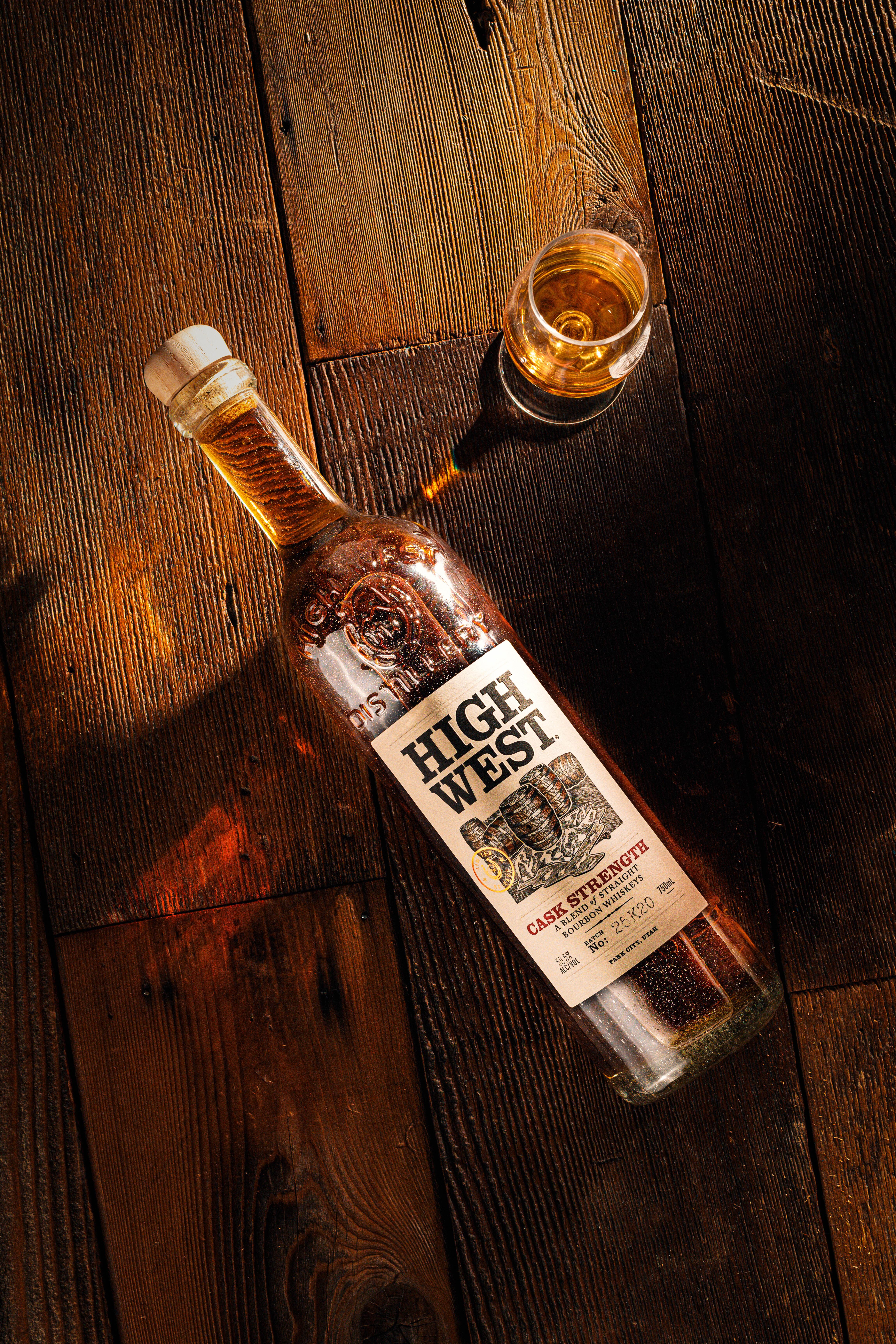 Bottle of High West Cask Strength bourbon with rustic packaging.