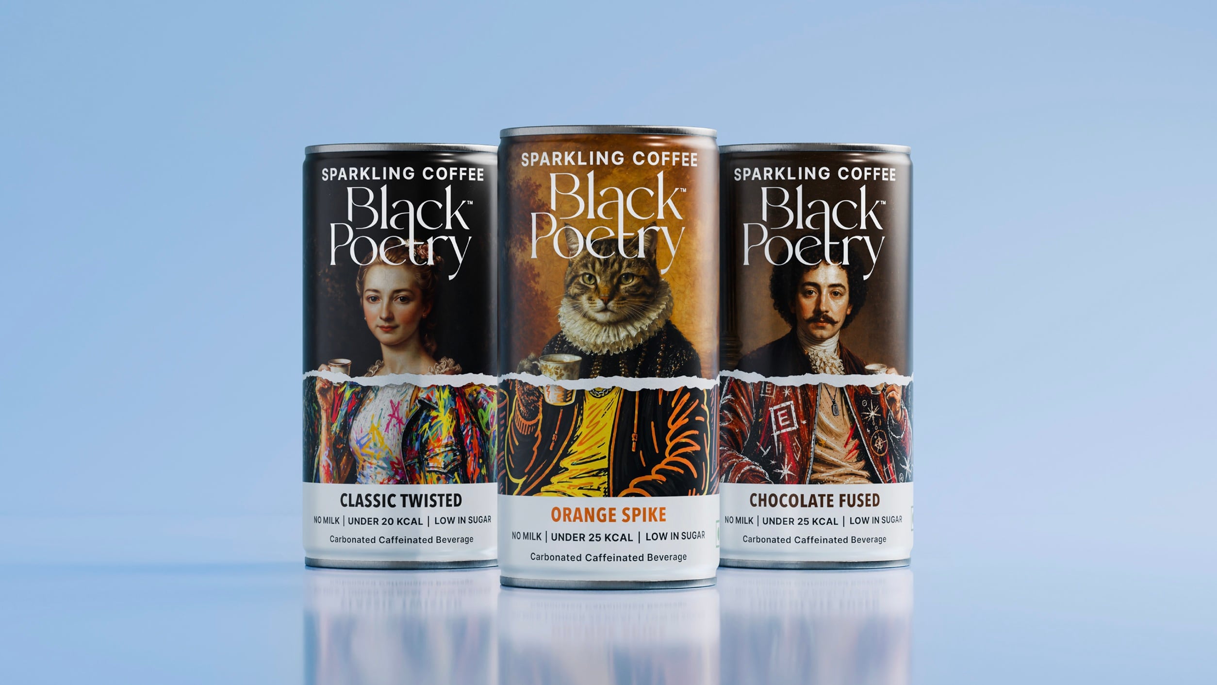 Black Poetry carbonated coffee packaging developed by OPEN Strategy & Design.