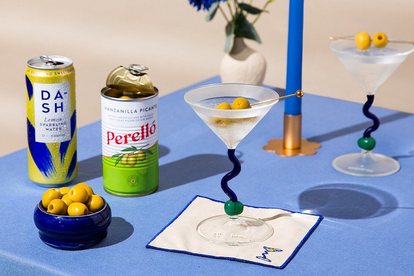 DASH Clean Dirty Martini Kit with Perelló olives and sculptural glassware.