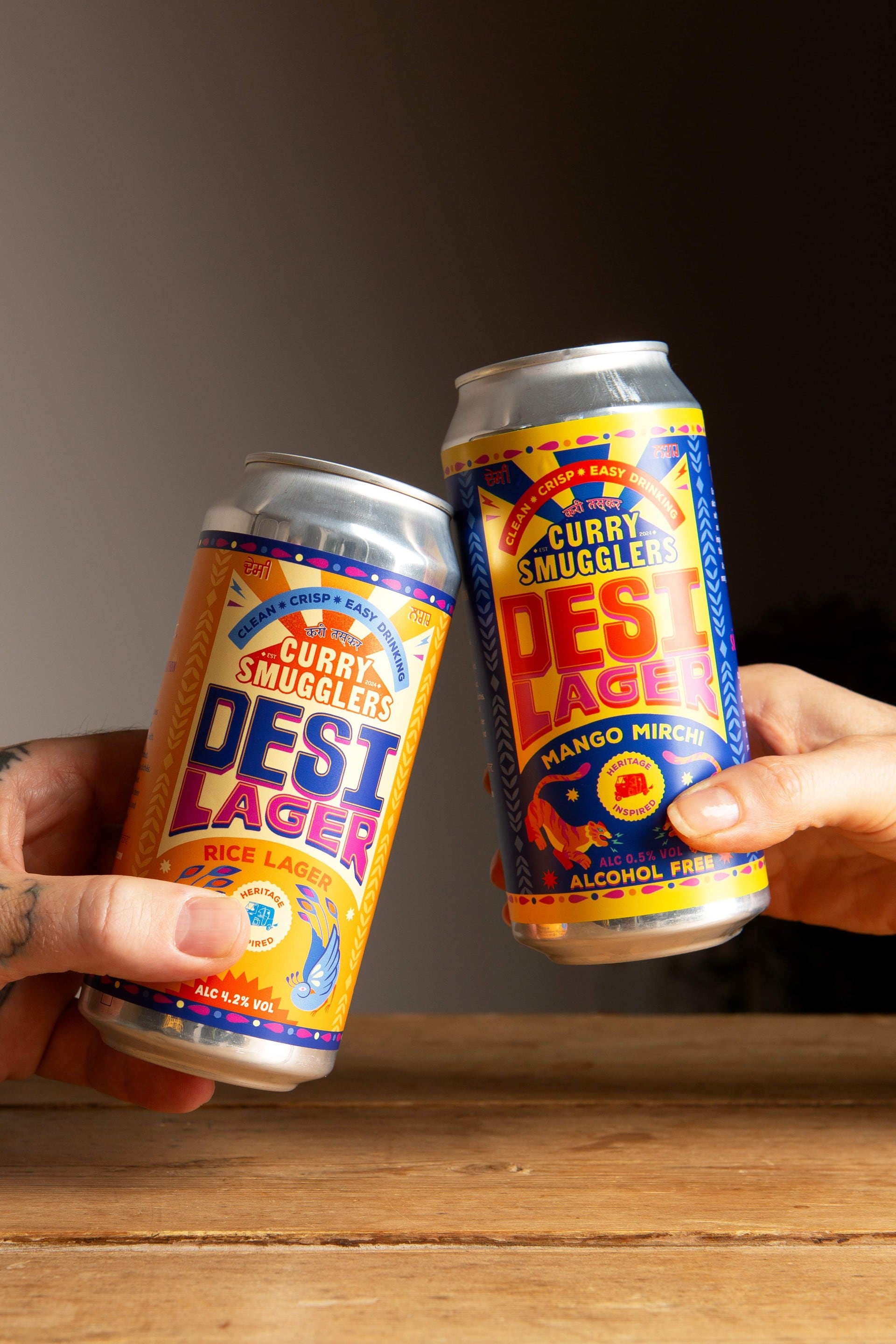 Curry Smugglers DESI Lager and Mango Mirchi beer cans.