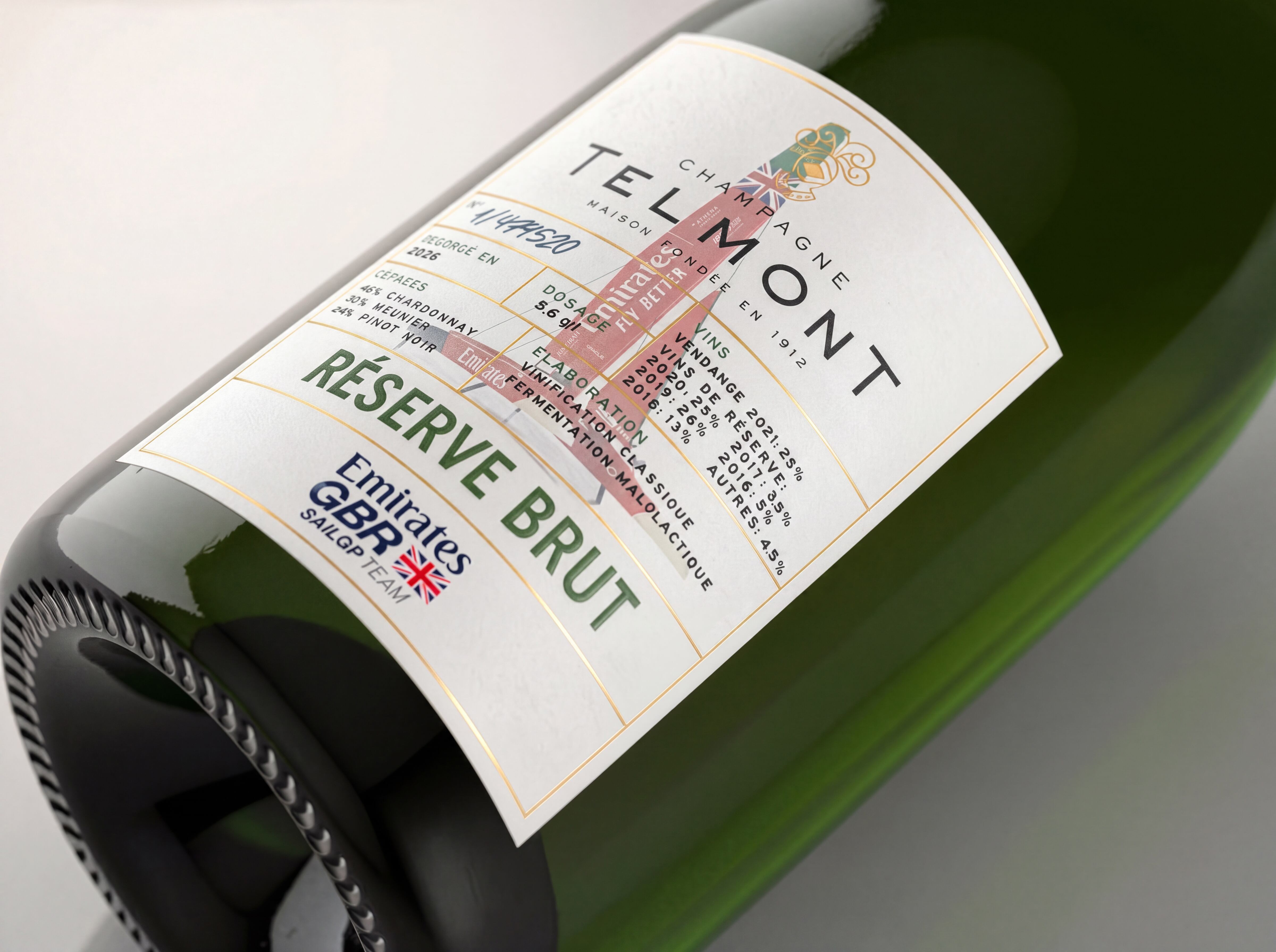 Maison Telmont Réserve Brut Emirates GBR SailGP Team limited-edition bottle.