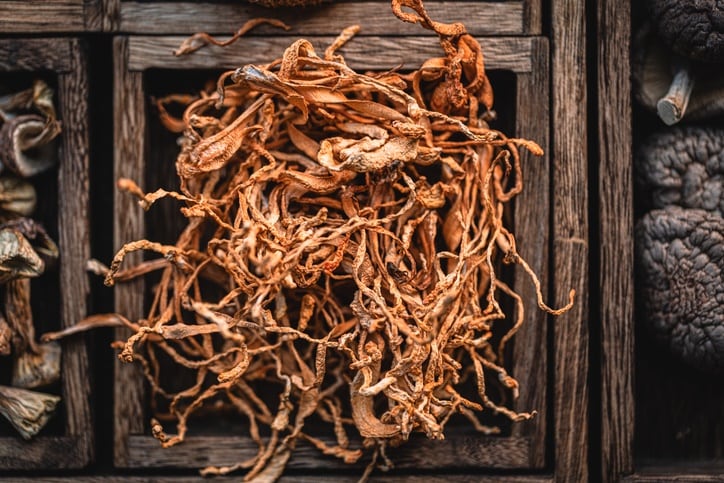 Top view of wooden spoon with dried ginseng root on it