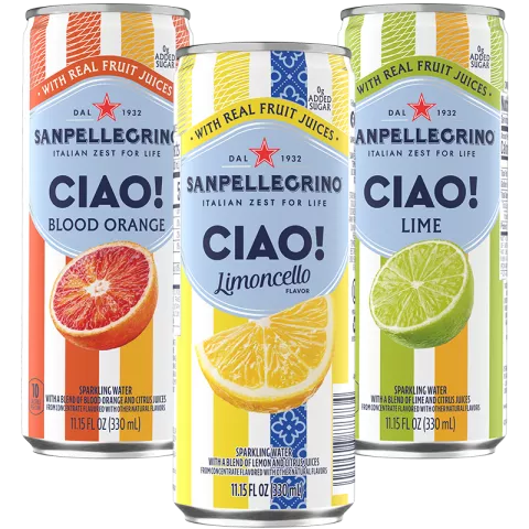 Can of Sanpellegrino CIAO! Limoncello with citrus-themed design.